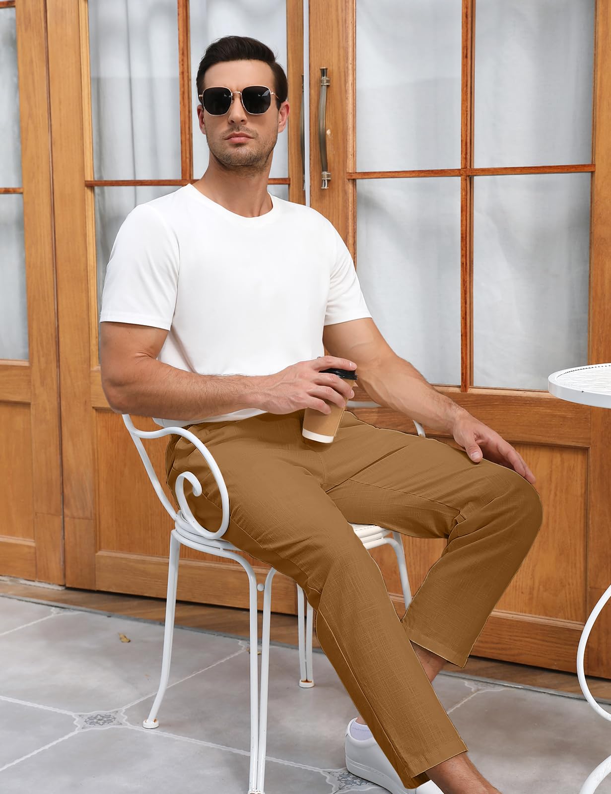 Voqeen Pantaloni Lino Uomo Pantaloni Estivi Loose Fit Pantalone con Coulisse Elastica in Vita con Tasche Pantalaccio Uomo Estivo Leggeri a Gamba Dritta