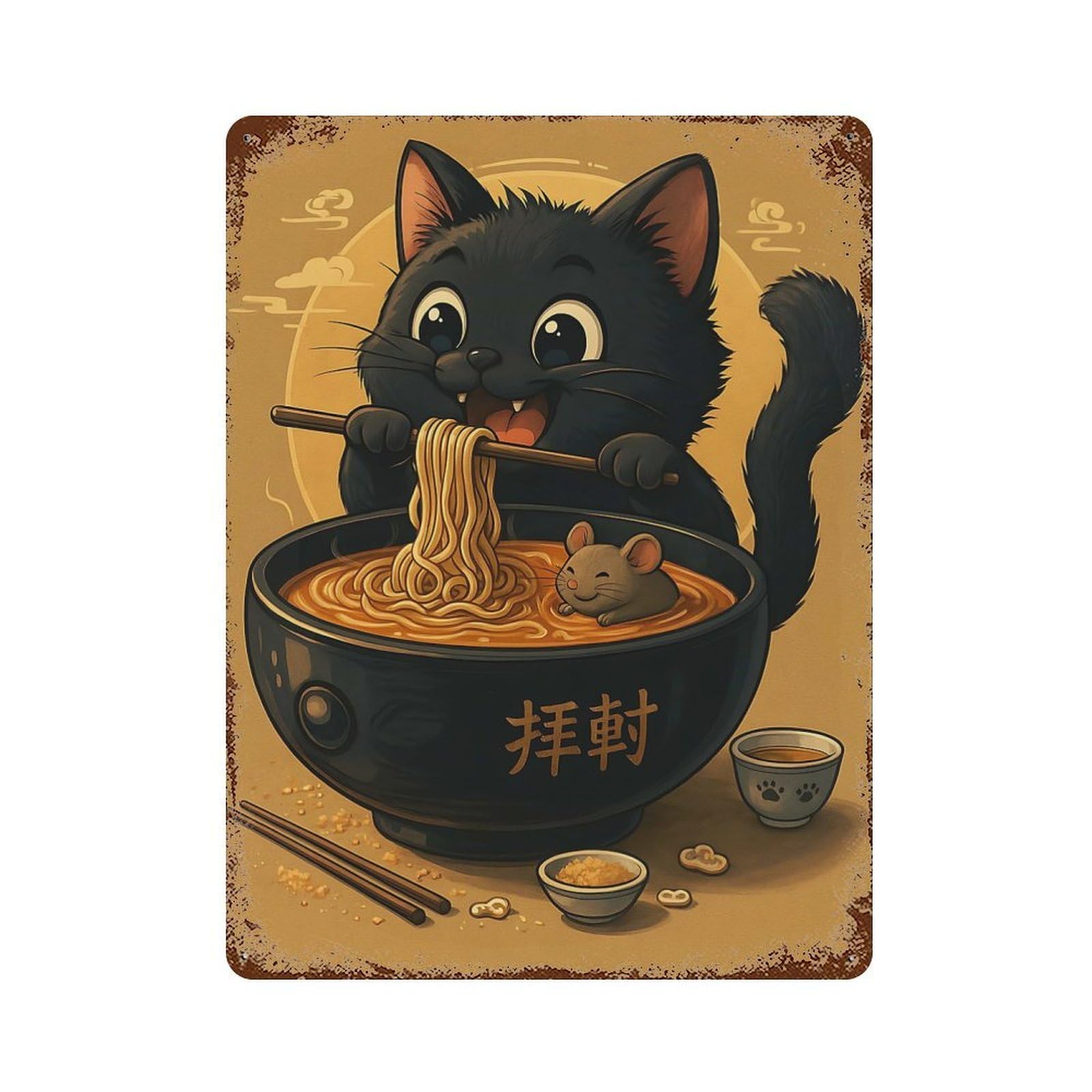 Cartoon Cat Eating Ramen with Mouse Aged Metal Wall Plaque 15.7"x11.8", for Pub, Kitchen And Man Cave Decor, Decorative Metal Wall Art
