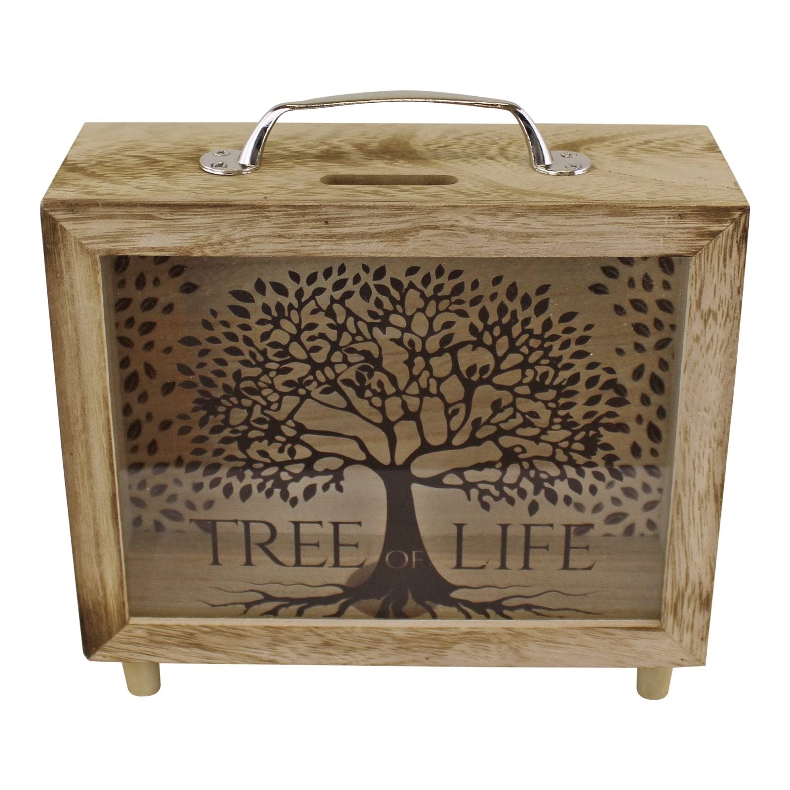 Tree Of Life Wooden Cash Money Box Piggy Bank Glass Front Saving Moneybox