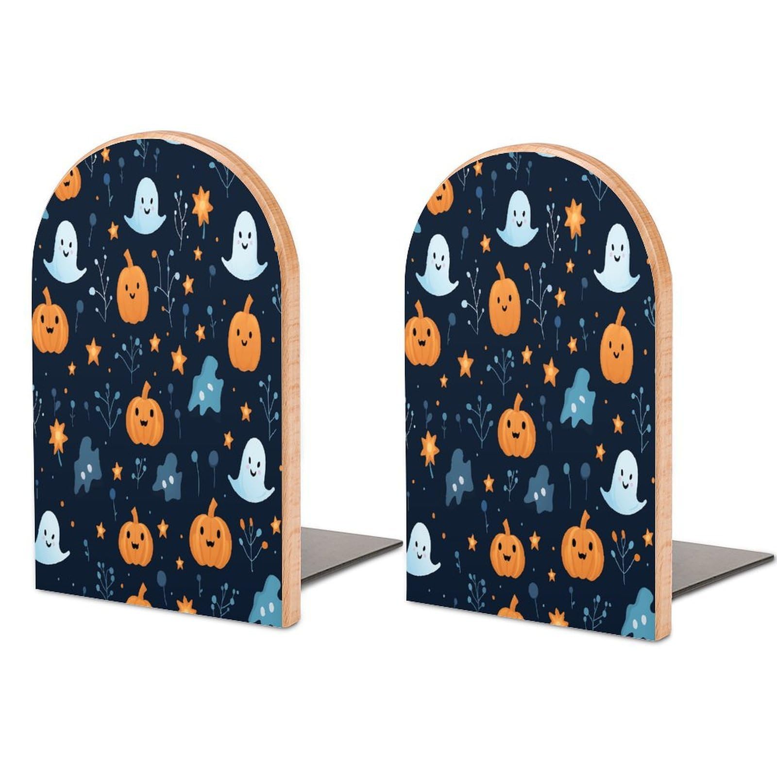 Ghosts and Pumpkins Bookends 1 Pair Heavy Duty Book Ends for Shelves Non-Skid Bookend Supports Wooden Book Holders with Metal Base Desk Organizers Books Storage to Hold Books