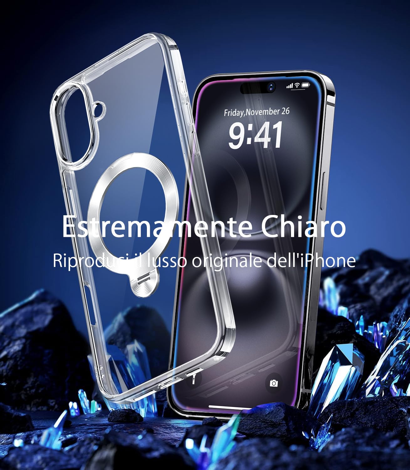 HaloArt 360° Girevole Supporto Magnetica Cover per iPhone 16 Plus [Stabile CD Anello Supporto per MagSafe] [N.1 Potenza Magnetica & Protezione Militare]Custodia Protettiva Antiurto Sottile,Trasparente
