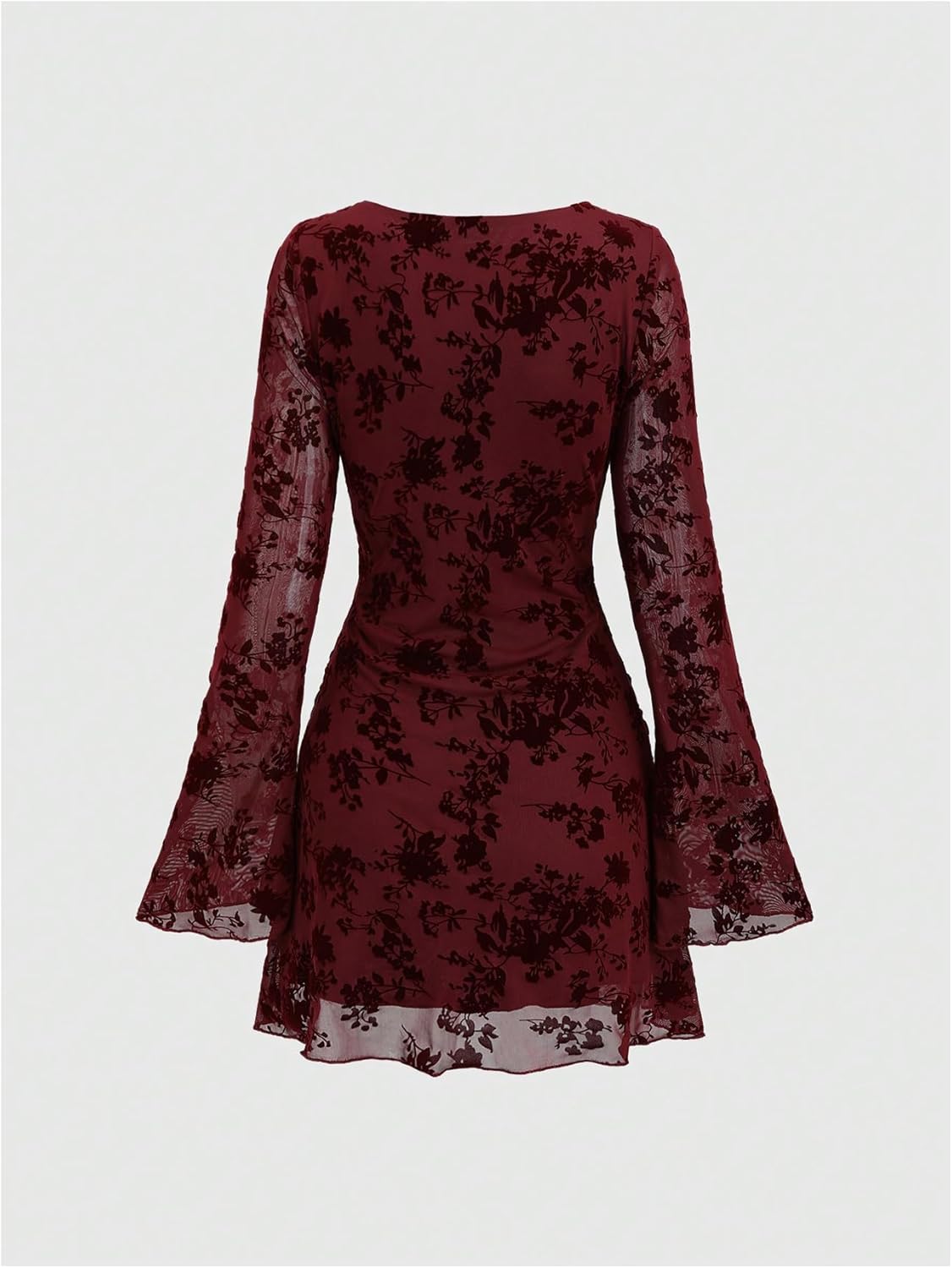 Women's Vintage Floral Mini Dress Crew Neck Bell Long Sleeve Fit and Flare Dresses - Image 2