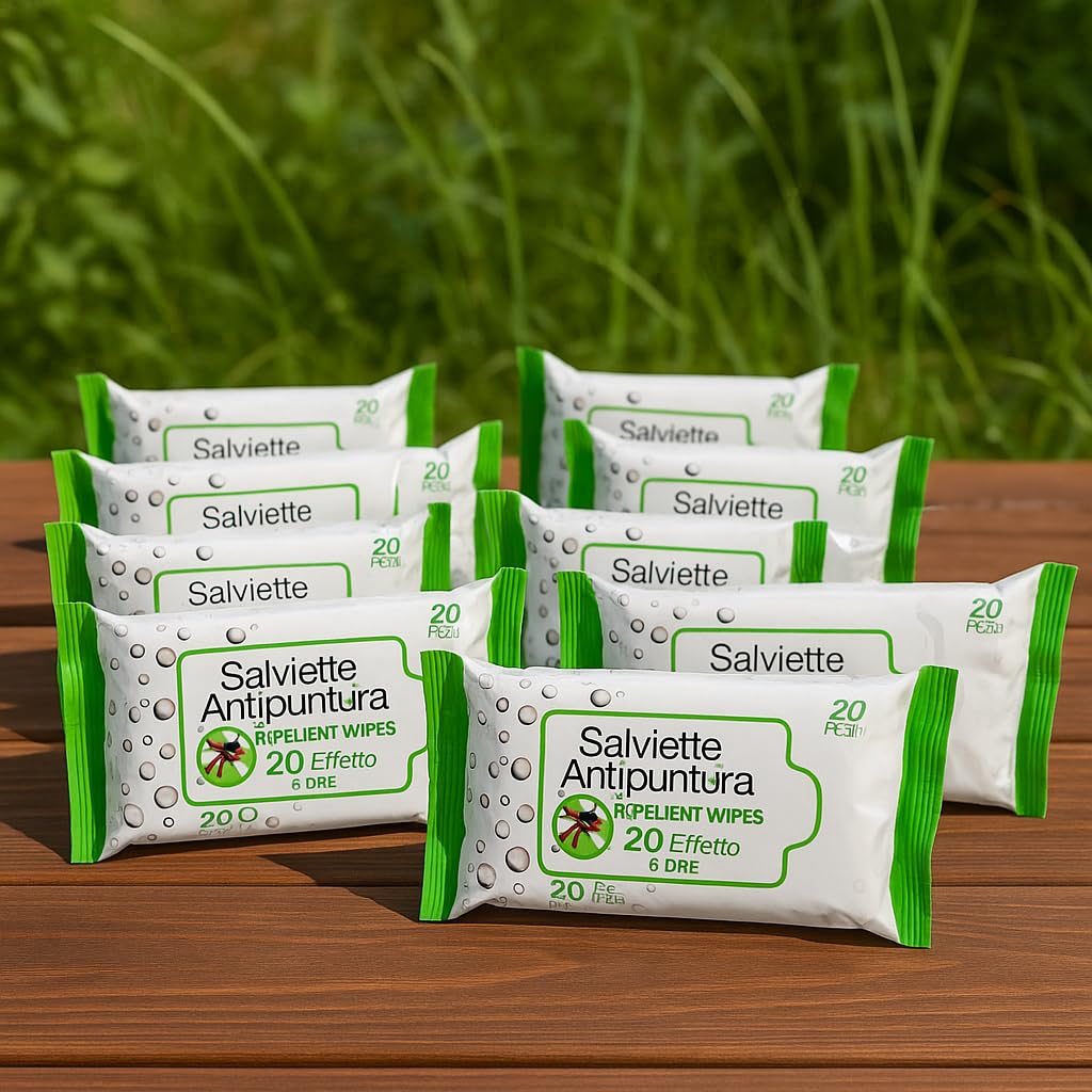 Salviette Antipuntura – 10 Confezioni da 20 Salviette – Presidio Medico Chirurgico – Efficacia 6 Ore – Repellente Zanzare, Insetti e Tafani – Pratiche, Monouso, Uso per Viaggio e Famiglia