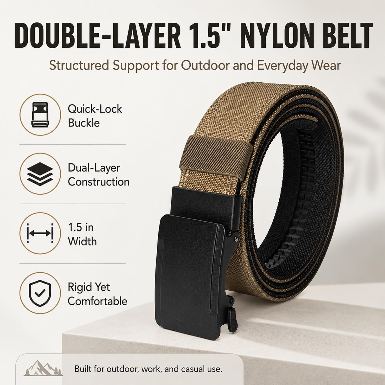 Ceinture Homme 3.8cm en Nylon Double Couche, Boucle Micro-Réglable, Sangle Rigide pour Travail et Sport