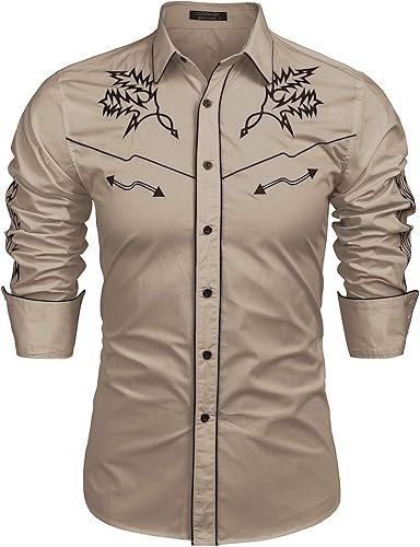 COOFANDY Camisa vaquera occidental para hombre, camisa bordada de manga larga, ajustada, de algodón, casual, con botones