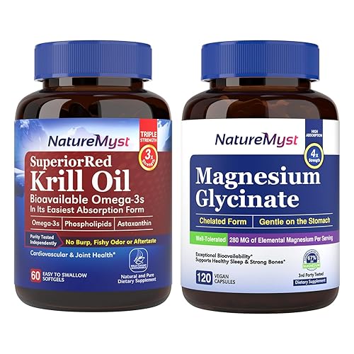 NatureMyst Paquete de aceite de krill y glicinato de magnesio, grado profesional, sin OMG, articulaciones, corazón, sangre, cerebro, sueño y salud