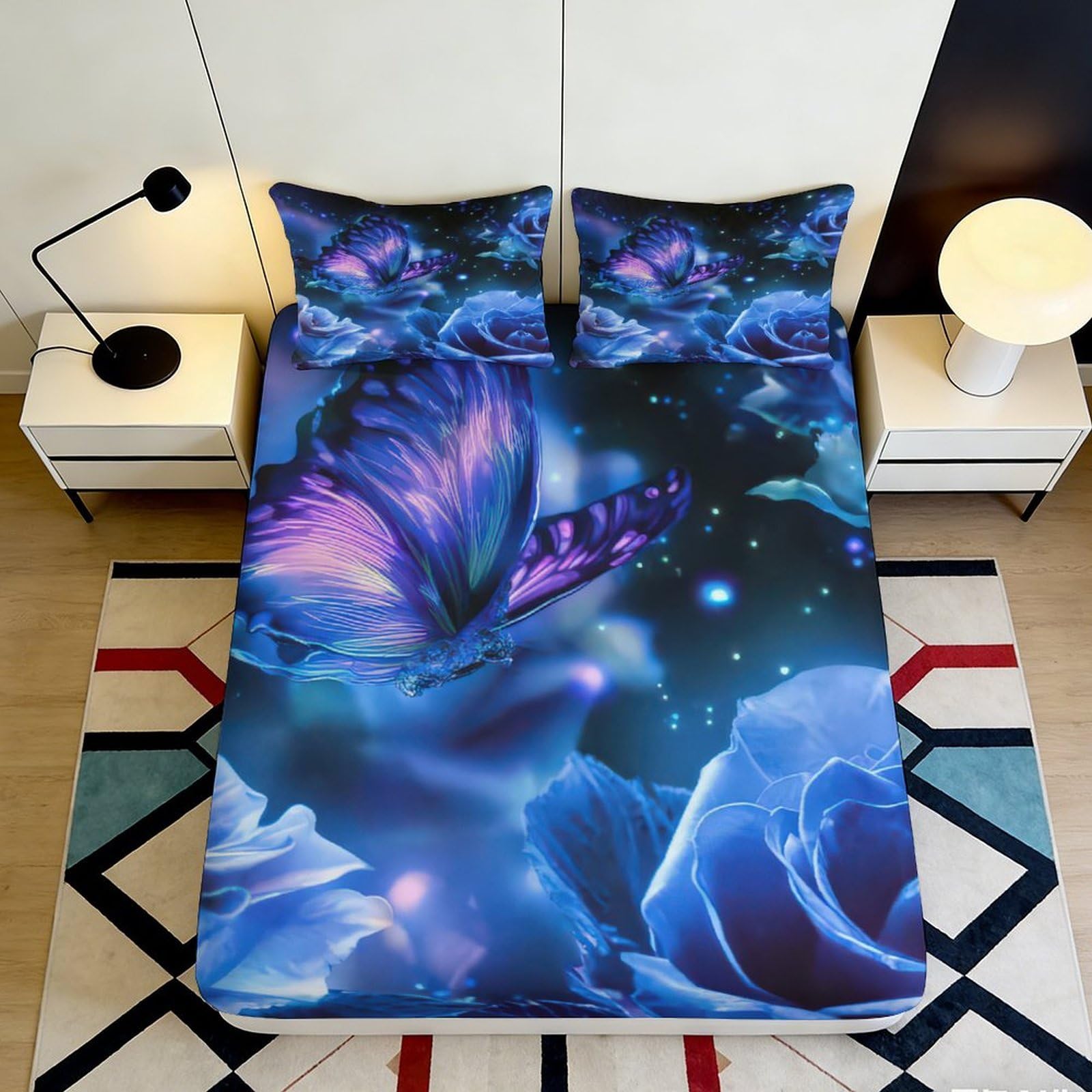 3D Printed Fantasy Butterfly Floral Fitted Sheet Microfiber Deep Pocket for Adults Bedroom Bedding Butterfly Mattress Fitted Cover Washable 200x200x25cm