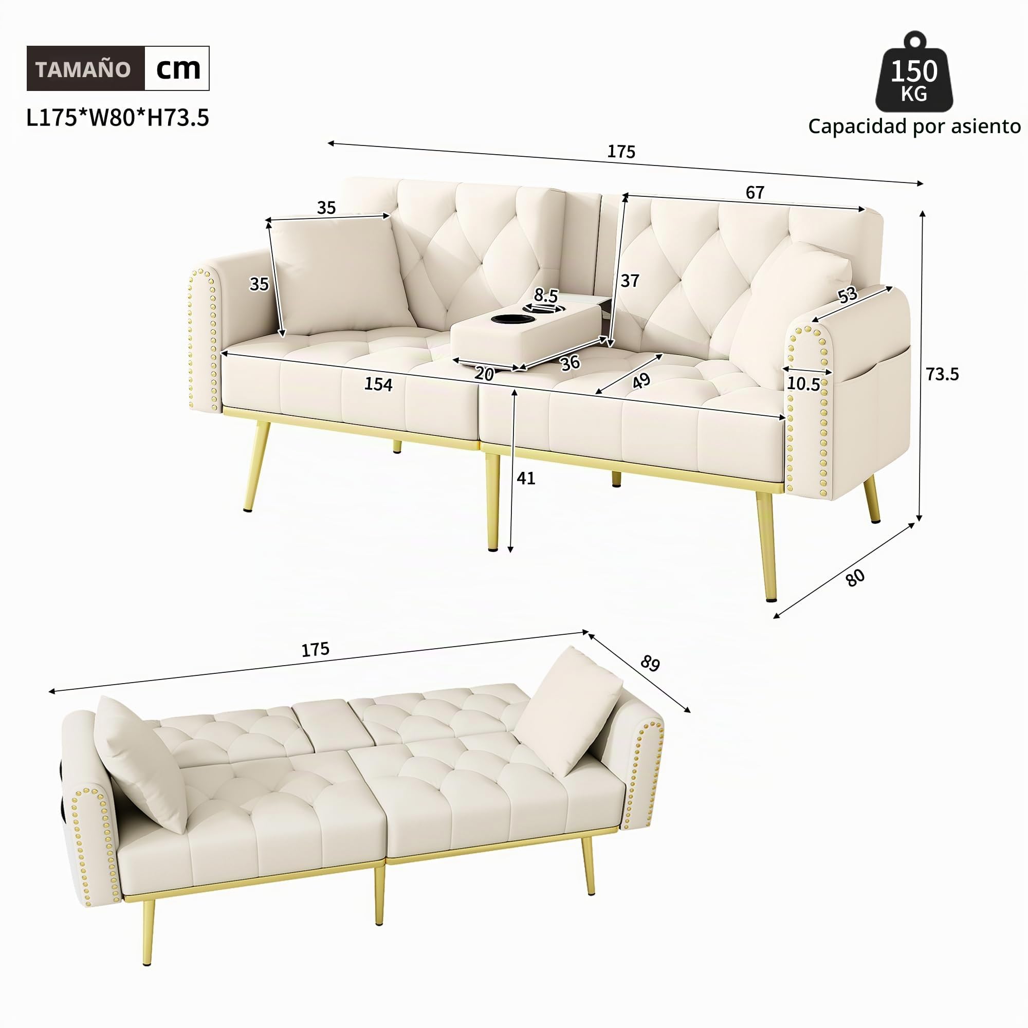 Azkoeesy Sofá Cama 2 plazas de 175 cm con 2 portavasos Plegables, 2 Almohadas, Patas de Metal Dorado/Remache, Respaldo Regulable, para salón, Tela de Terciopelo, Color Beige