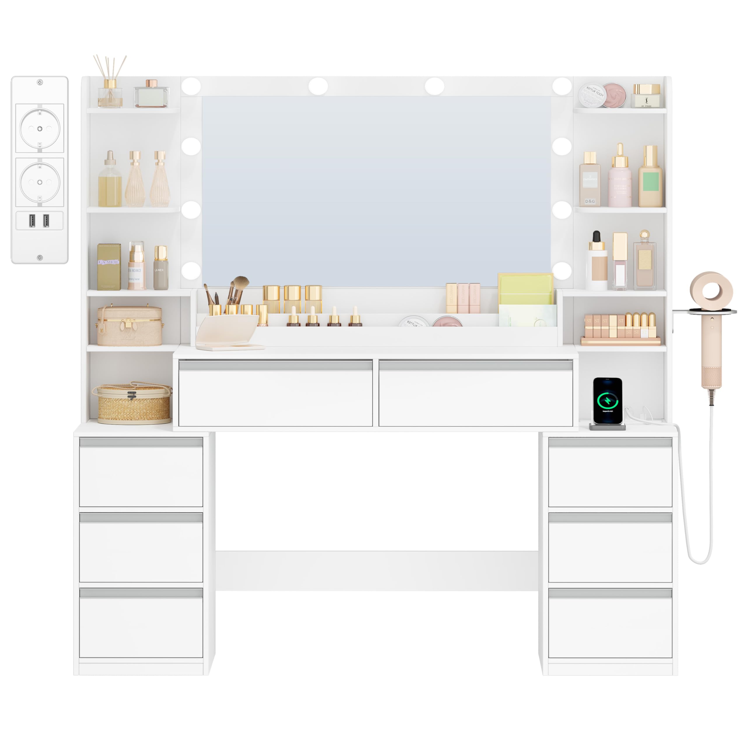 HEXCELEN 135cm Toeletta Trucco con Specchio, Bianco-Argento