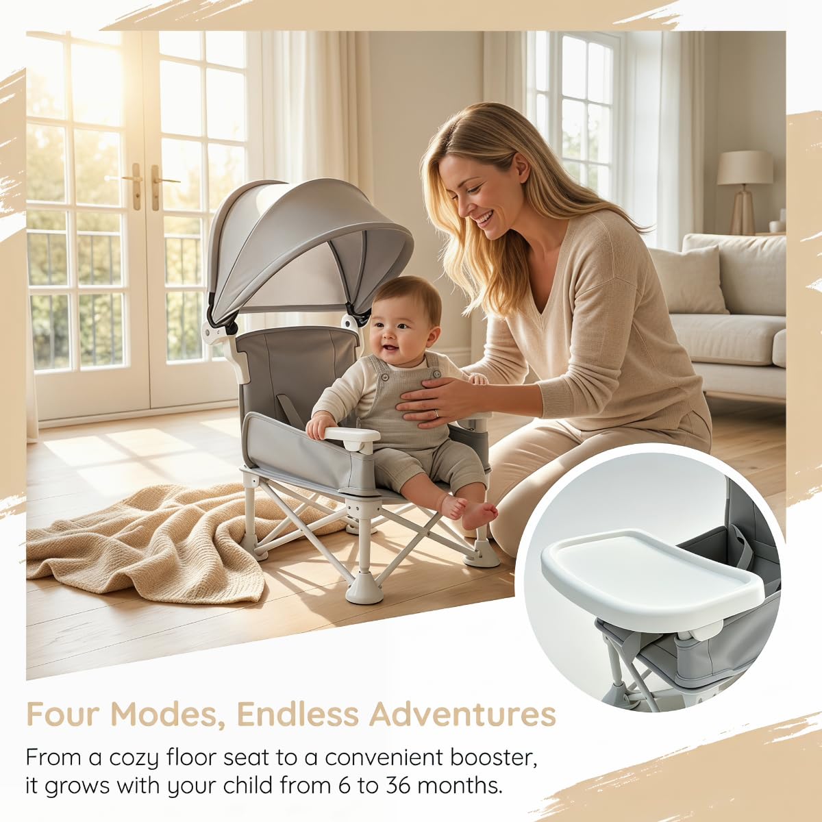 Siège de voyage pliable pour bébé avec position assise surélevée, chaise d'alimentation pour enfants, tout-petits et nourrissons avec plateau amovible et parasol amovible (crème)