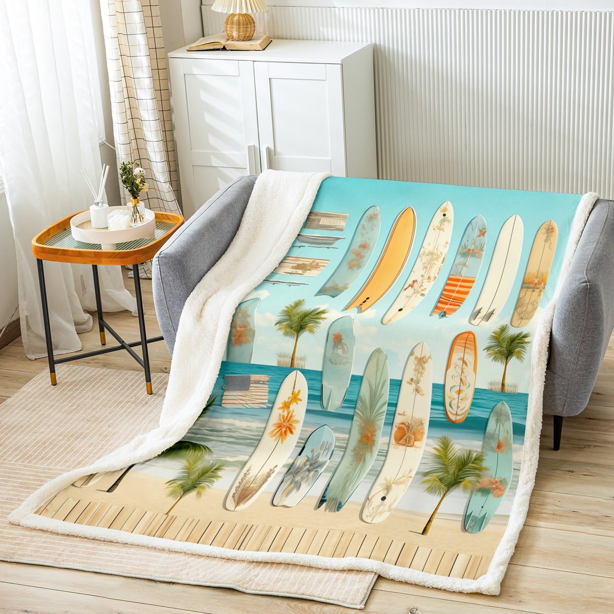 Feelyou Surfboard Sherpa Blanket Boys Girls Ocean Beach Fleece Throw Blanket for Teens Adult Tropical Beach Plush Blanket Summer Fuzzy Blanket for