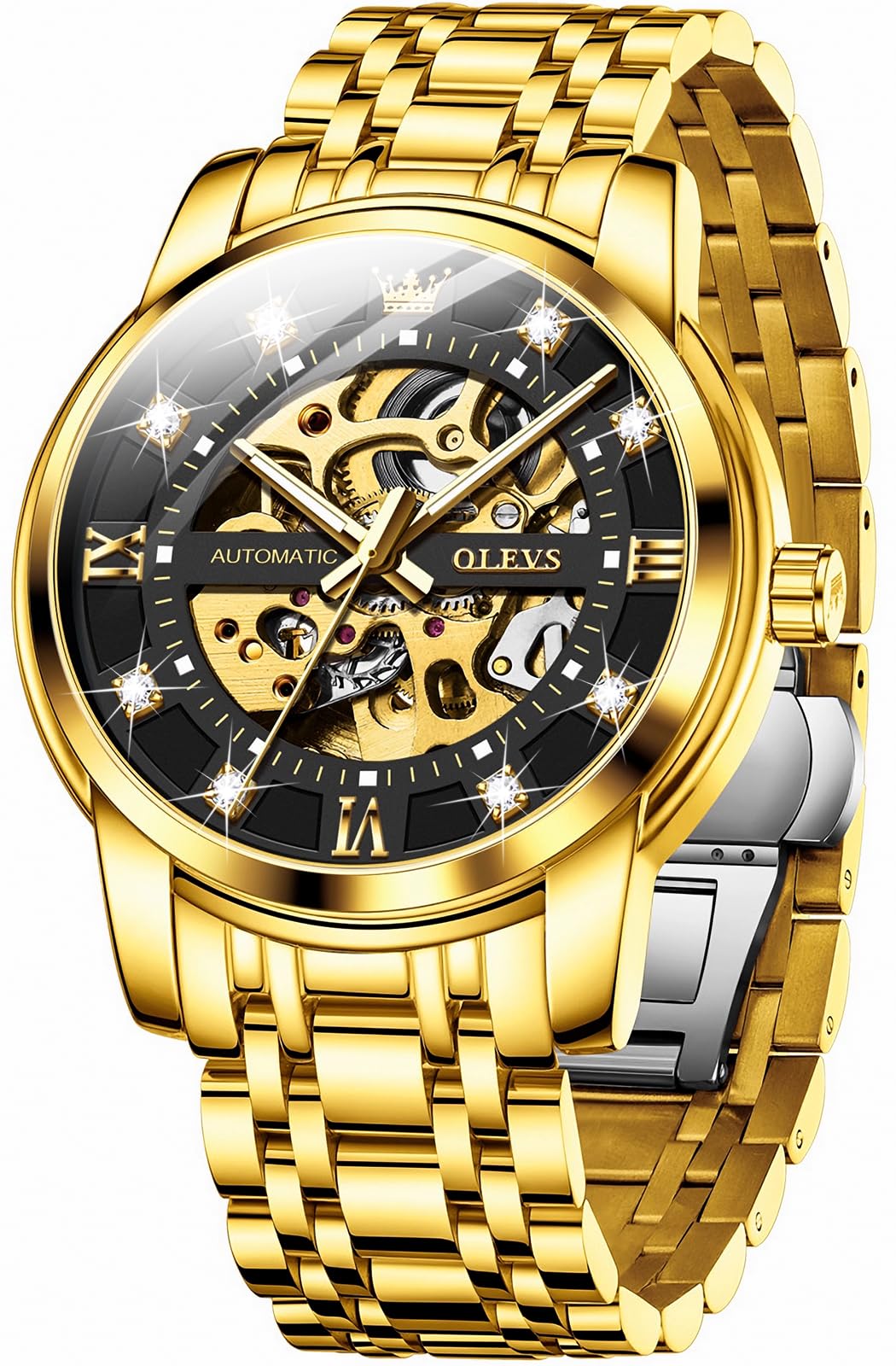 OLEVS Men's Golden Automatic Mechanical Watch Stainless Steel Bezel Luminous Waterproof Luxury Watches