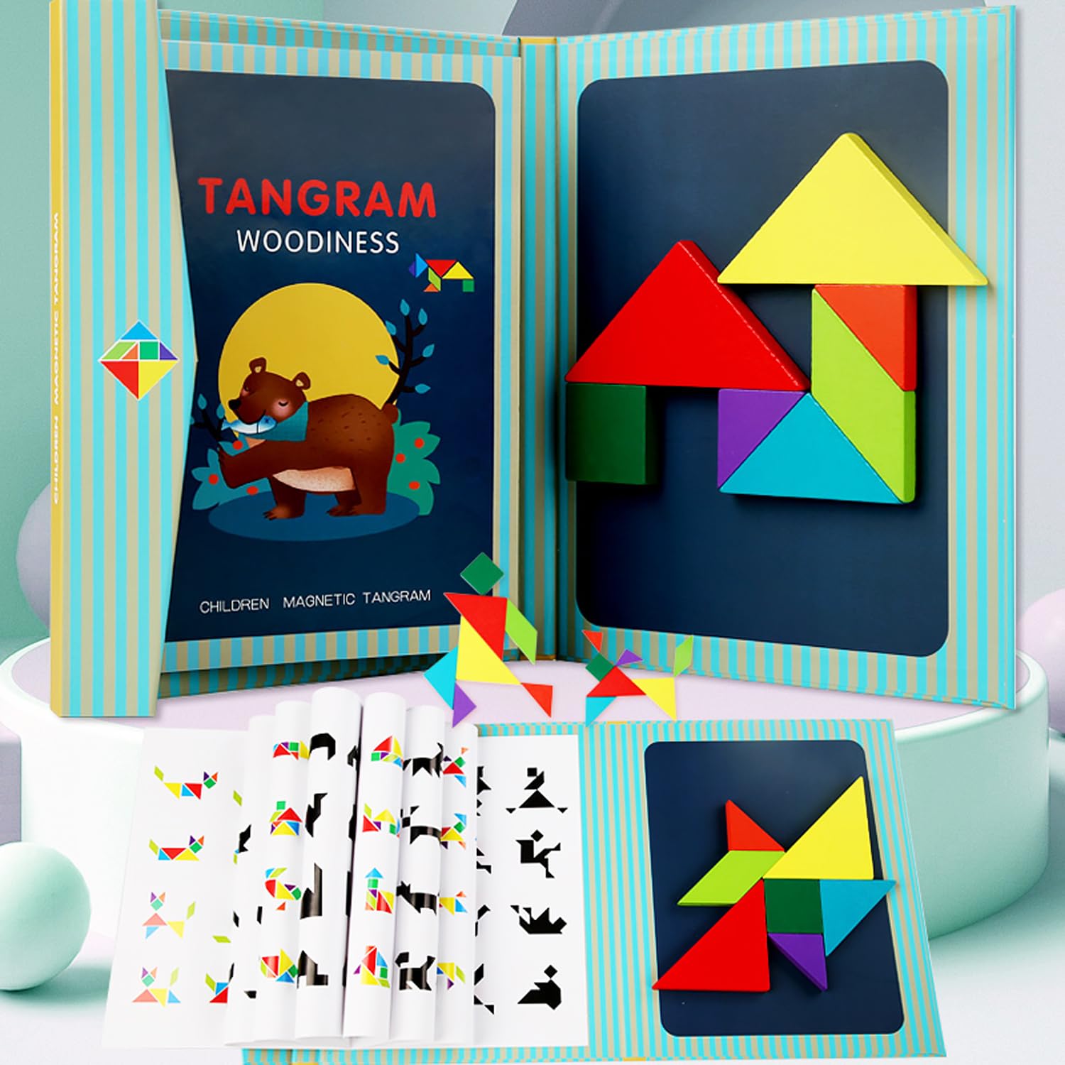 Tangram Puzzles, Travel Puzzle Games Toy for Kids, Magnetic Wood Block Jigsaw Puzzle Suitable for Children's Intellectual Exploration Growth, Perfect Montessori Educational Toy Gift for 3 Year Olds
