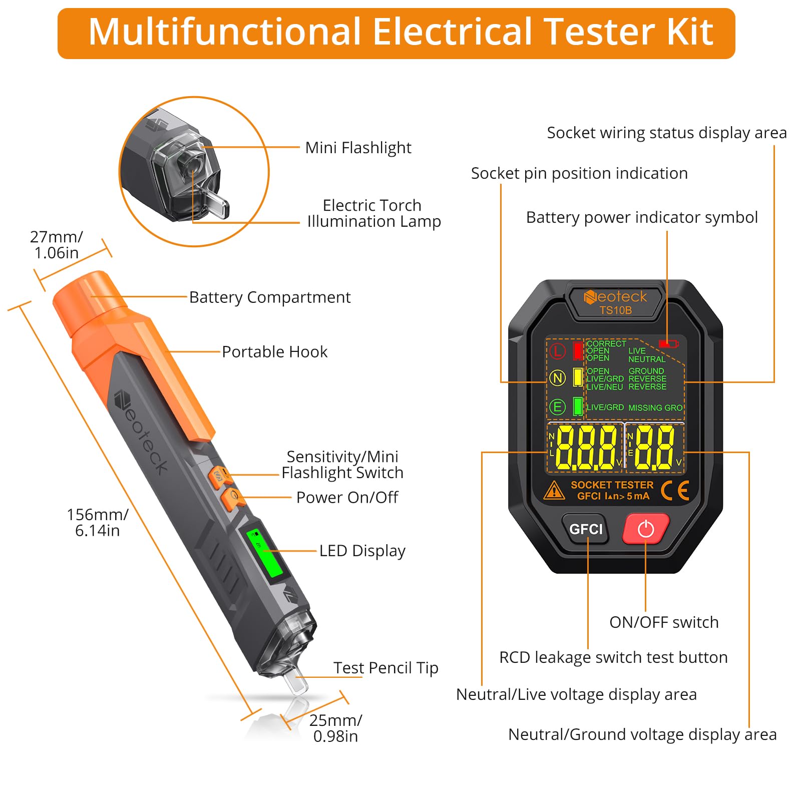 Neoteck Kit de Probador Eléctrico con Detector de Voltaje sin Contacto 12-1000V/48-1000V AC y Comprobador de Enchufe GFCI para Hogar y Electricistas