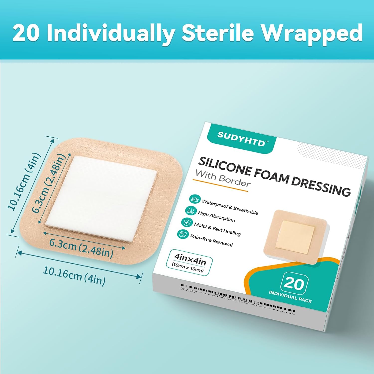 20 Pack Silicone Foam Dressing 4"x4" Gentle Border, Waterproof Silicone Bandages for Wounds Care, Super Absorbent Wound Dressing, Bed Sore Patches, Self Adhesive Pressure Sore Pads
