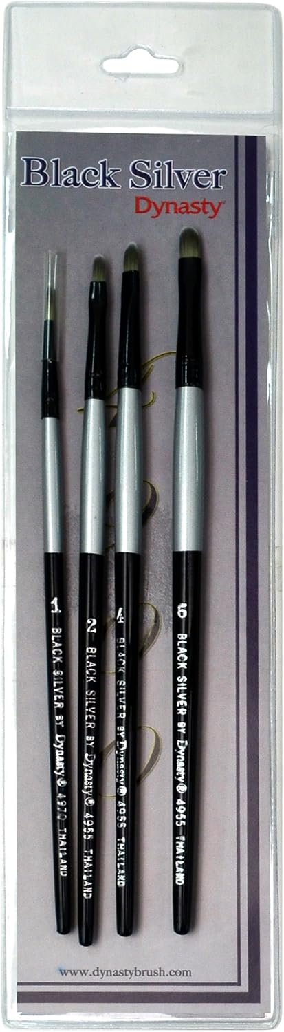 F & M Brush Company 32883 Set BS-SH-3 Filbert 2, 4 & 6, Round 1 Black Silver Short Handle Brush Set 4/Pkg