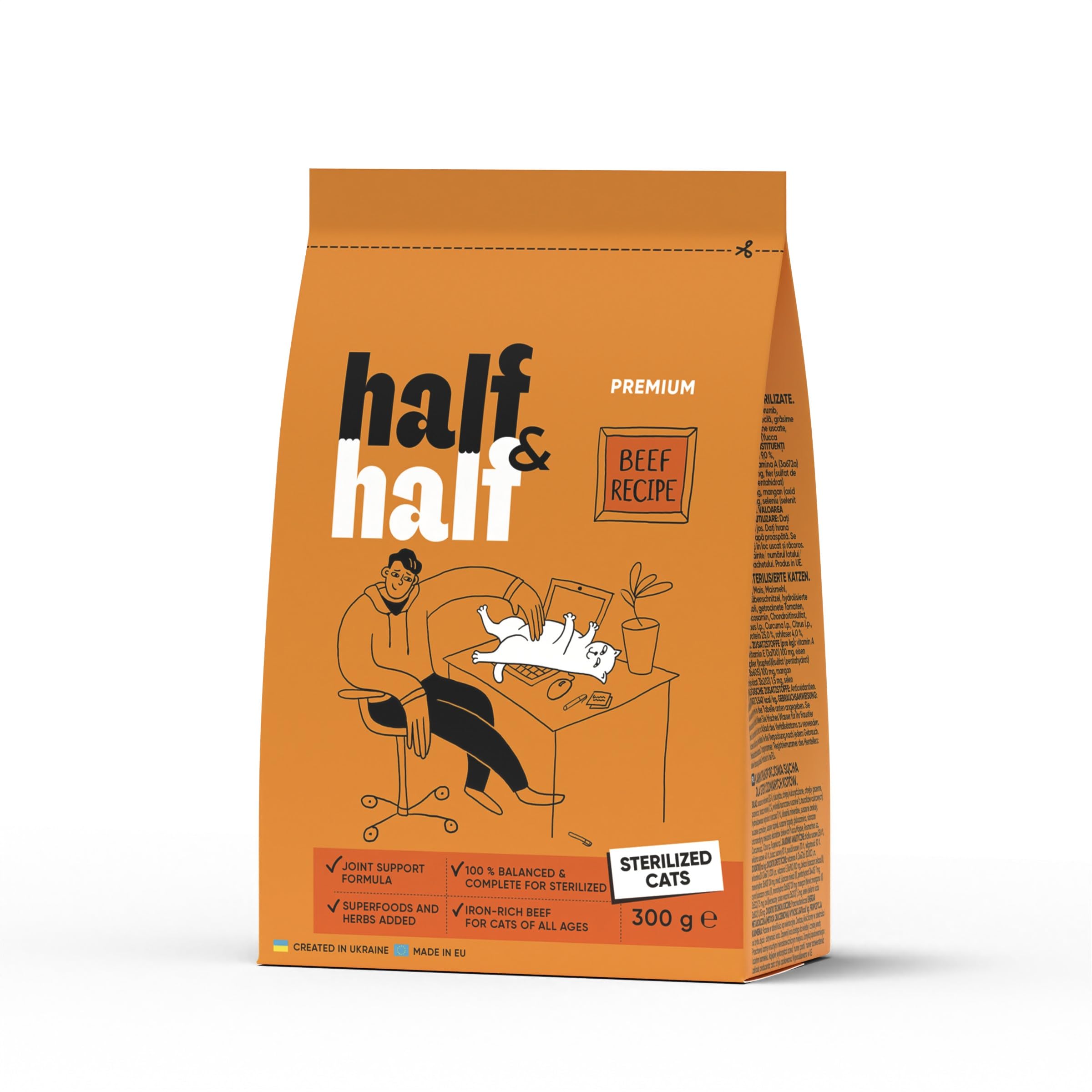 half&half - Sucha Karma dla Kotów - Suchy Pokarm - Dorosły Kot Sterylizowany - Wołowina - ze Świeżego Suszonego Mięsa, Witaminą A, D3, E - 24 Szt. (24 x 300 g)