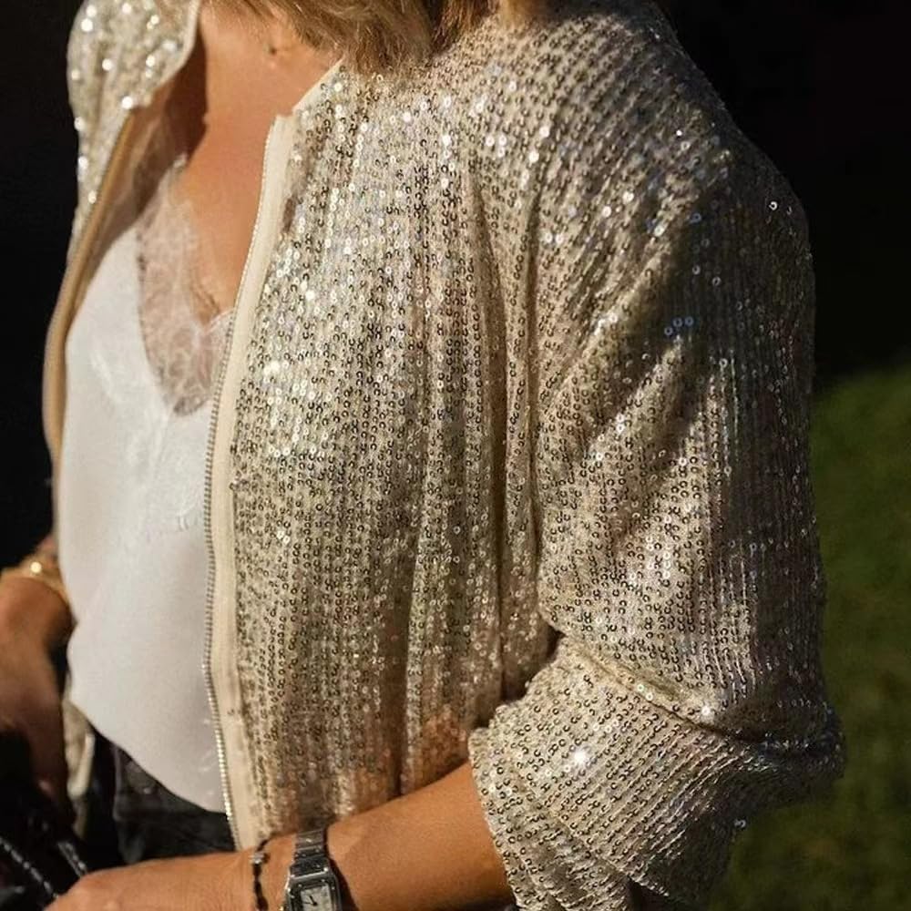 MINTLIMIT Women's Sequin Jackets Long Sleeve Crew Neck Zip Glitter Blazer Cocktail Party Club Sparkly Bomber Jacket - Image 4