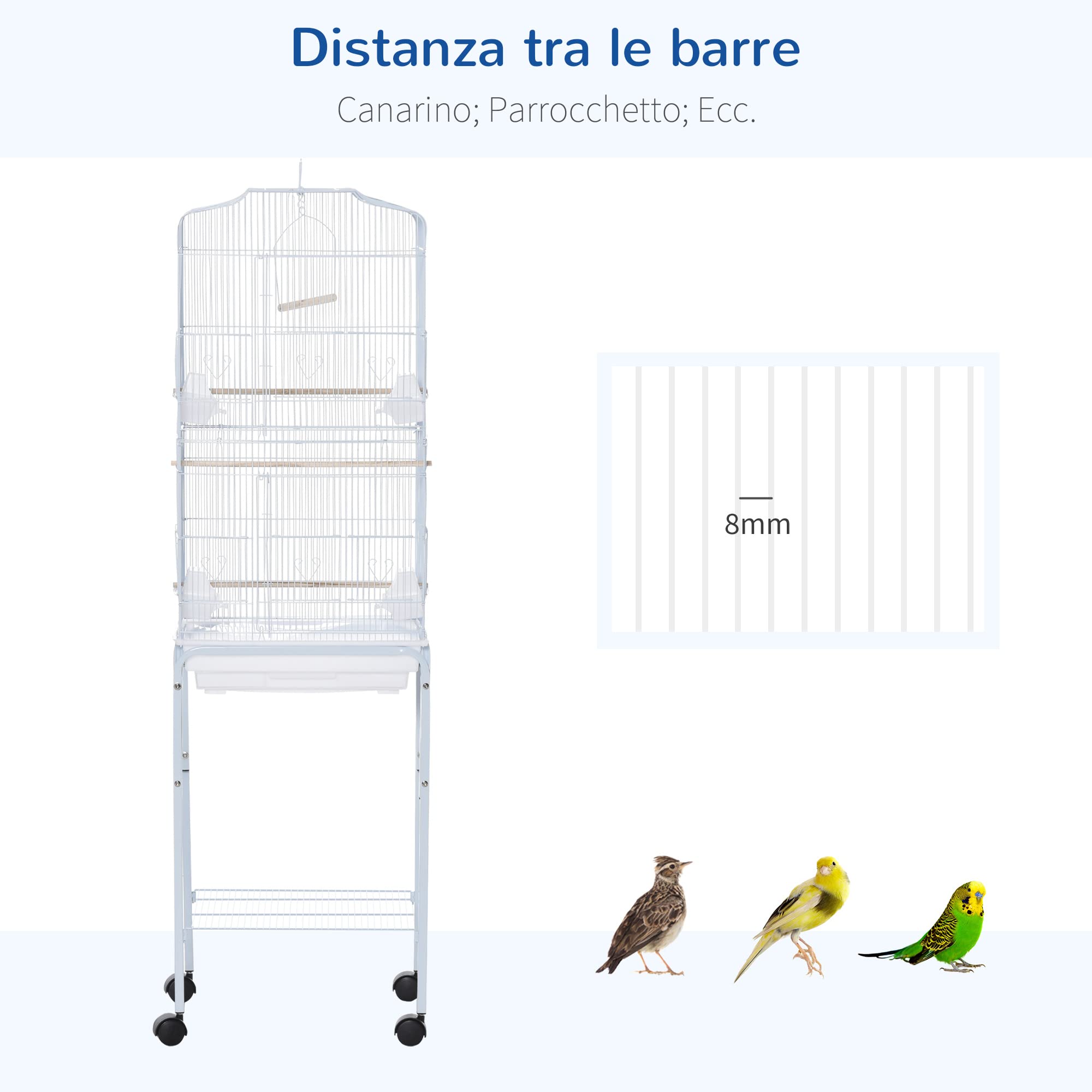 PawHut Gabbia per Uccelli, Voliera in Metallo e Acciaio con Ruote, Trespoli e Ciotole, 46.5x36x157cm, Bianco