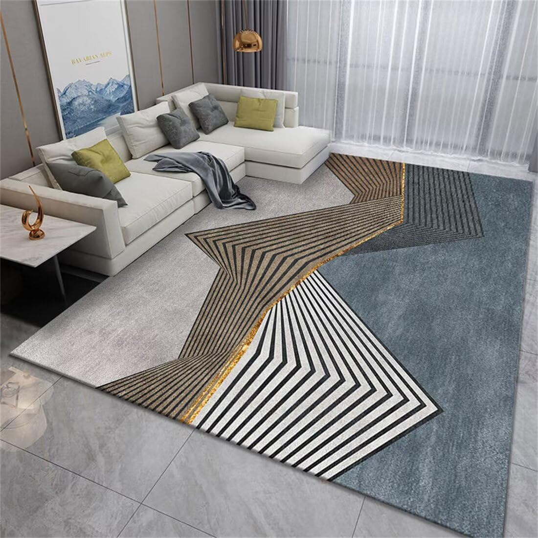 Tapis salon pas cher geometrique gris-bleu lavable et facile a nettoyer