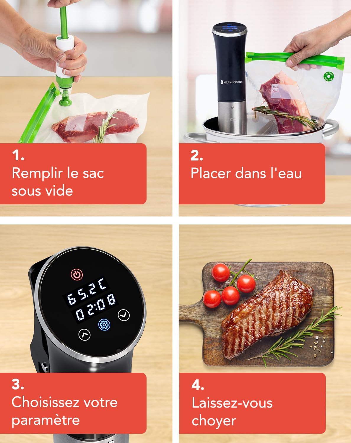 KitchenBrothers Thermoplongeur Sous Vide - Cuisson Basse Température - Cuiseur Sous Vide - Thermoplongeur Chauffe Eau -0 à 95℃, Réglable Par 0,2℃ - 1200W (Noir/Inox avec accessoires)