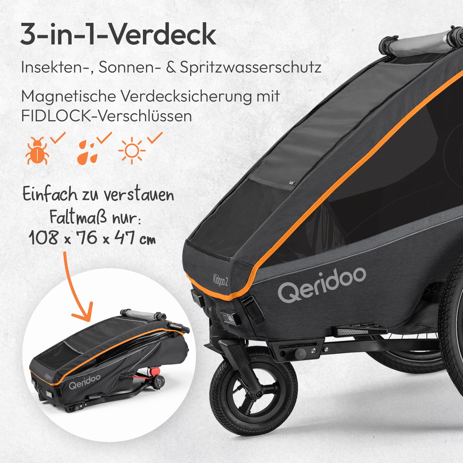 Qeridoo Kidgoo 2 FIDLOCK Edition | Kinderfahrradanhänger 2 Kinder | Fahrrad Anhänger mit Federung & FIDLOCK Gurtsystem | Jogger Kinderwagen | Fahrradanhänger klappbar | Kinderbuggy 45L | Bike Trailer
