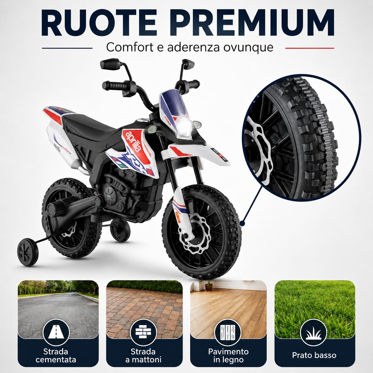 TOYSCAR Moto Elettrica Bambini Aprilia RX Mini Moto Cross SEDILI IN PELLE 3 Ruote Moto Bambini Motore Elettrico 12V Moto Per Bambini 1-4 Anni Luci Led BLUETOOTH Sospensioni A Molla