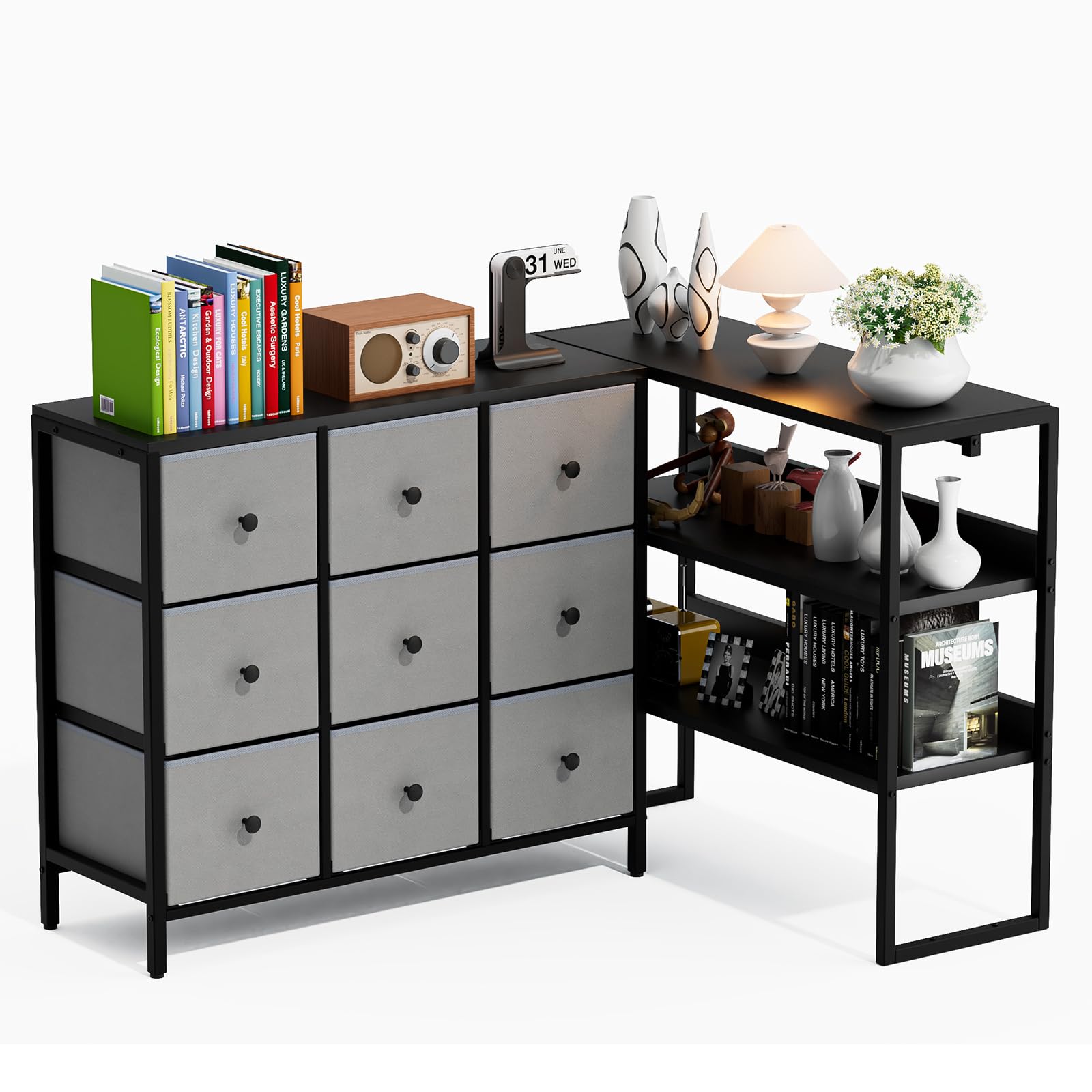 HPWLYO 62" Dresser for Bedroom with 3-Tier Open Storage Shelves, Dresser for Closet with 9 Dressers, Large TV Stand for 50, 60, 75 Inch TV, for