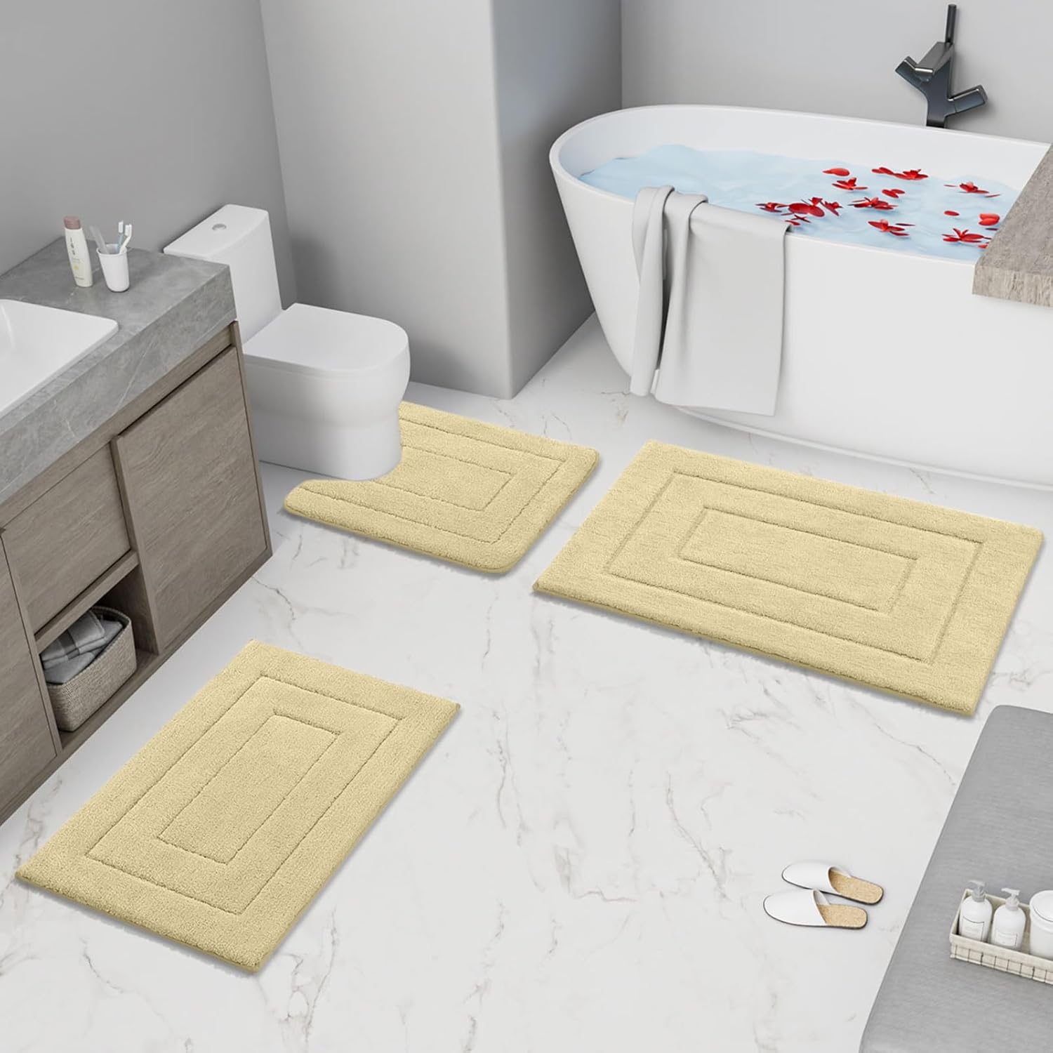 Buganda Bathroom Rugs, 59" x 20", Soft and Absorbent Microfiber Bath Rugs, Non-Slip Shaggy Shower Carpet, Machine Wash Dry Bath Mats for Bathroom Floor, Tub and Shower, Beige