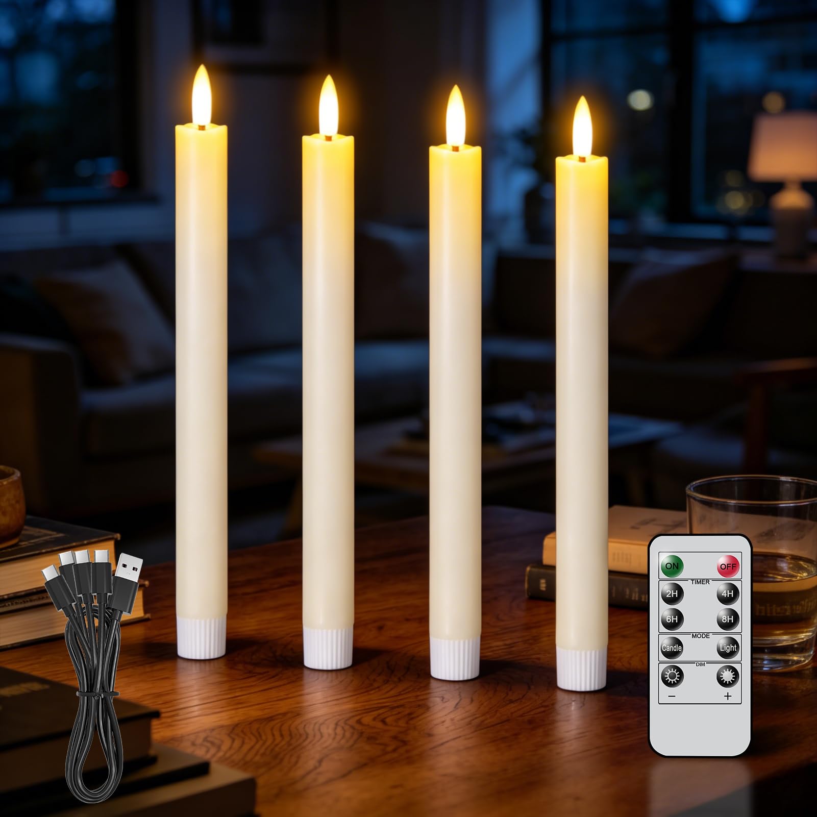 Wondise Candele coniche ricaricabili senza fiamma con telecomando e timer, candele a batteria in vera cera, candele LED avorio da 24,4 cm, confezione da 4 candele coniche per casa, Natale, decorazione