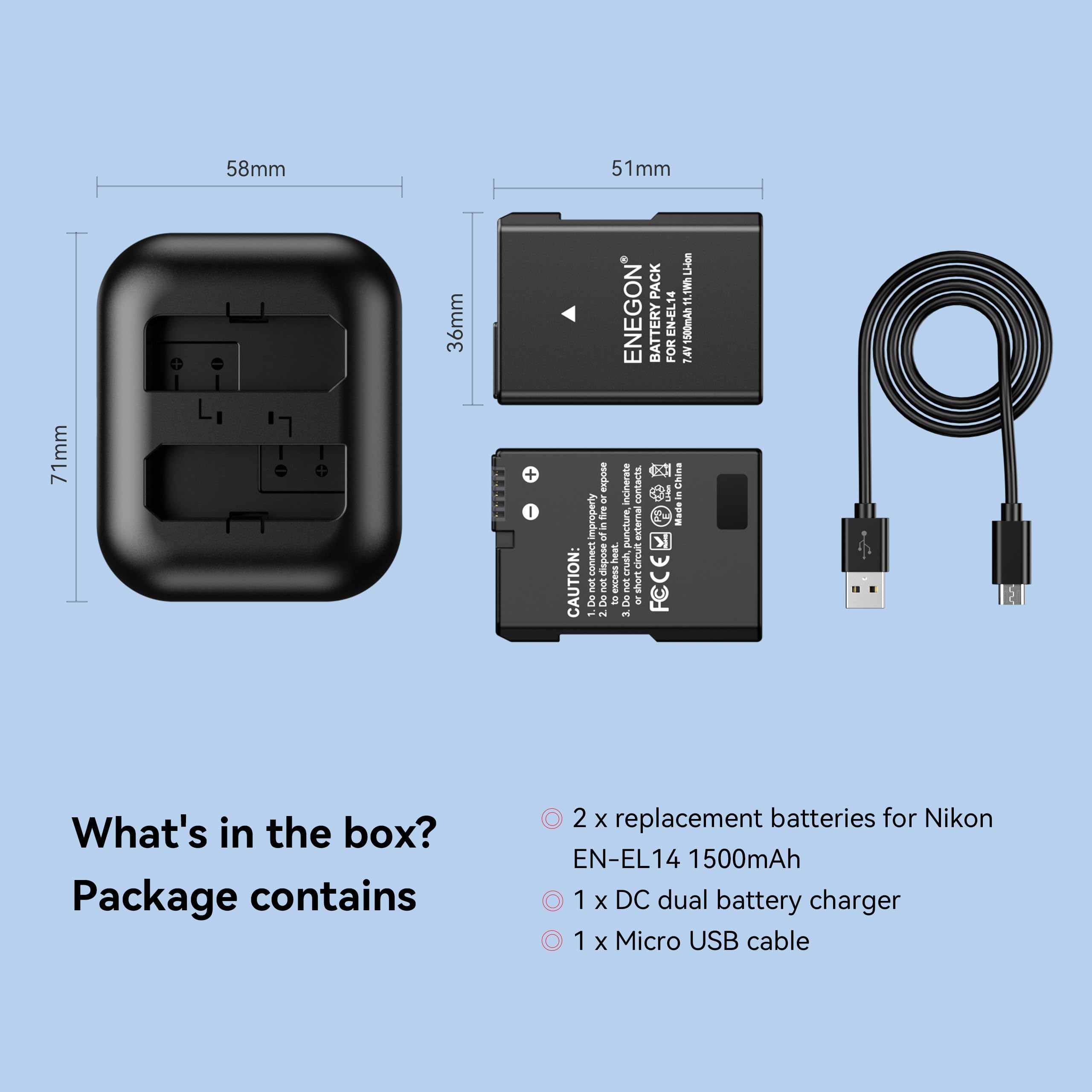ENEGON EN-EL14 Coppia di batterie oltre caricatore rapido a 2 slot per Nikon EN-EL14/EN-EL14a e DSLR D3100, D3200, D3300, D3400, D3500, D5100, D5200, D5300, D5500, D5600, DF