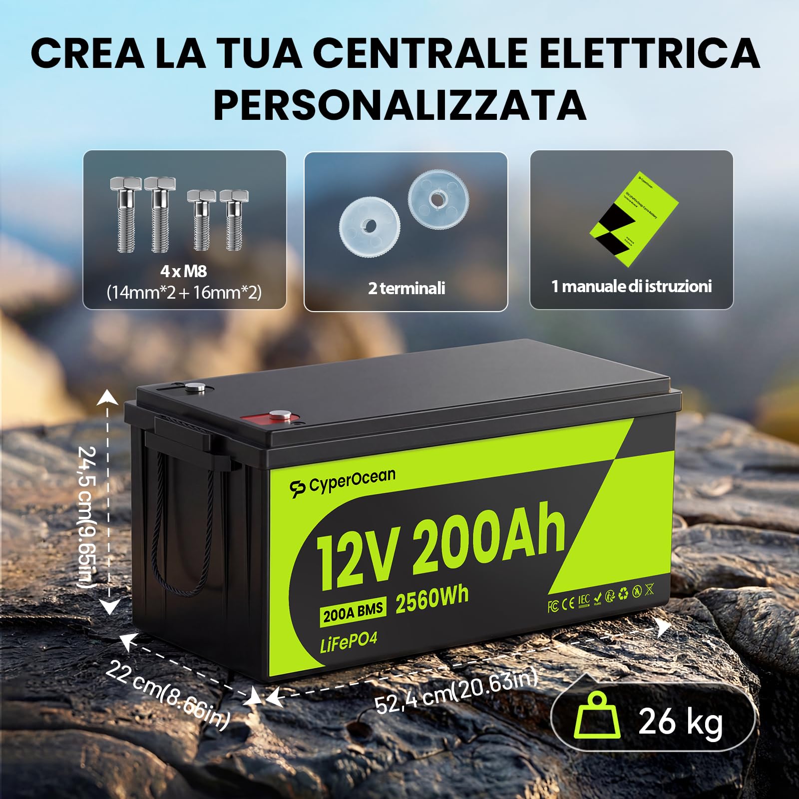 Batteria CyberOpean LiFePO4 da 12V 200Ah con BMS da 200A, Batteria al Litio da 2560Wh, Celle di Grado A per Veicoli Elettrici, Ricarica Rapida, IP65, per Impianti Solari, Camper e Sistemi Off-grid