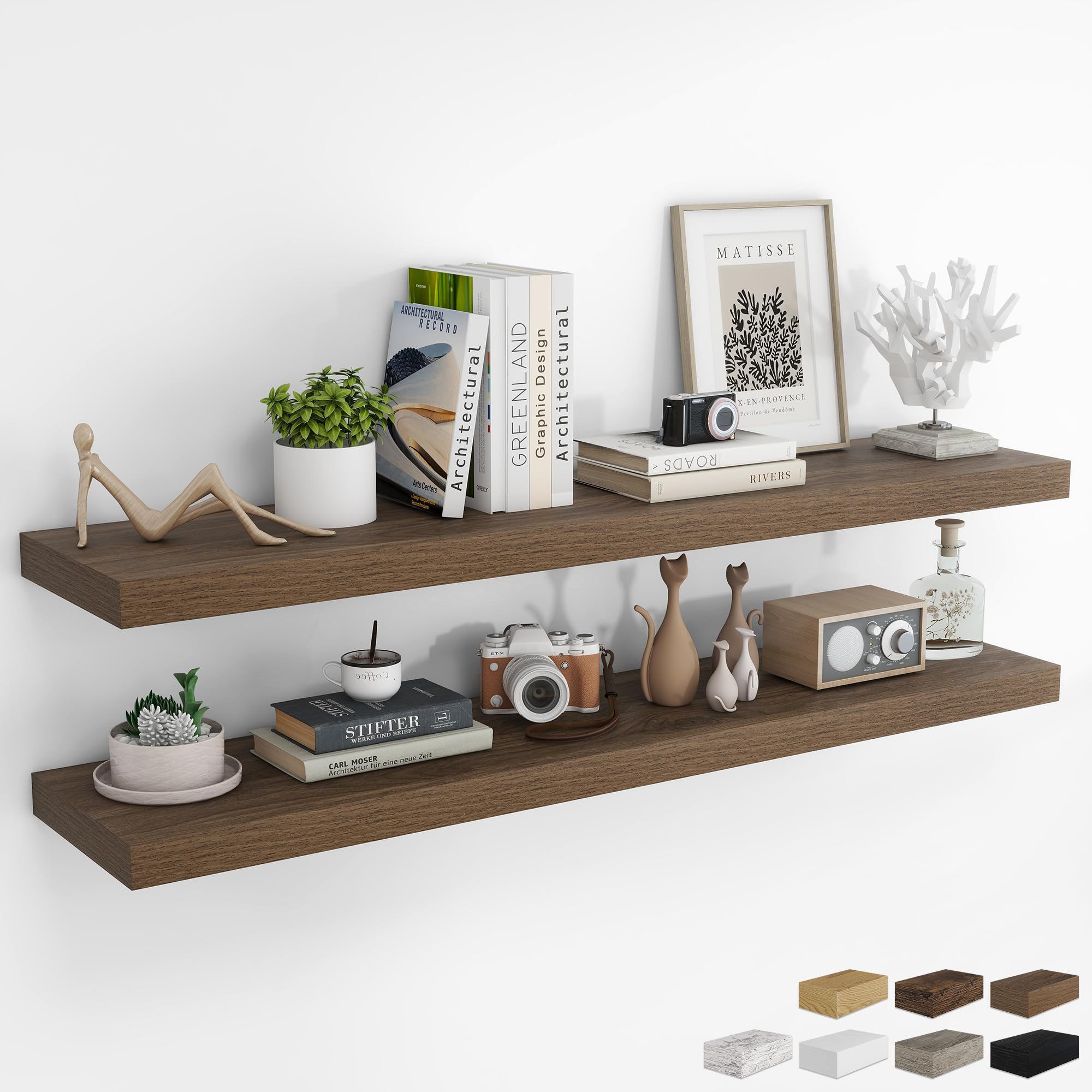 RICHFOCUS Long Floating Shelves for Wall 2Pack, Walnut, 55" Lx8 D