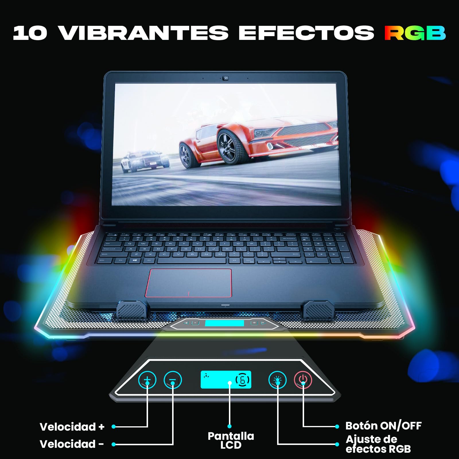 KLIM V15 Base Refrigeradora para Portátil Gaming con 15 Ventiladores + Soporte RGB Estable para Portátil con Ventilador + Compatible hasta 17" + 2 Puertos USB + Soporte para Teléfono