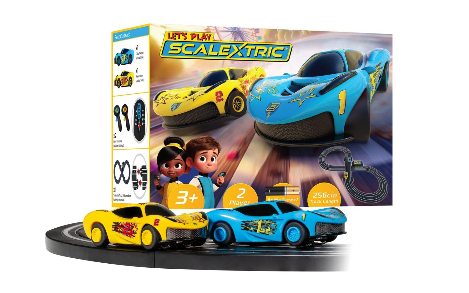 Scalextric Let's Play! G1188M Racing Track Sets for Kids Ages 3+ - Battery Powered Micro Race Set, Toy Car Kits for Boys. Incl. 1x Speed Track, 2x Racing Cars, 2x Controllers - Toys Gifts 1:64 Scale
