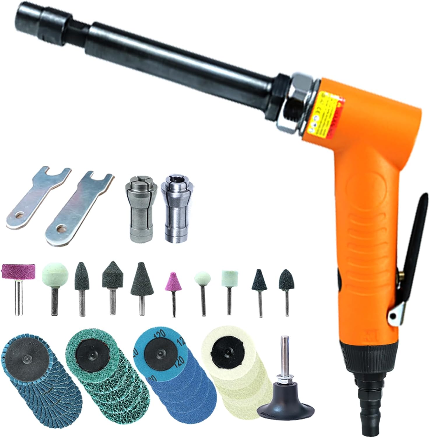 1/4" Pneumatic Angle Die Grinder Tool,Professional for Detailing, Grinding, Deburring & Polishing with 1/4 1/8 in Collets, 17pc 2-inch sanding discs,10Pc Air Die Grinder Stone Set (Angle, 110 Degree)