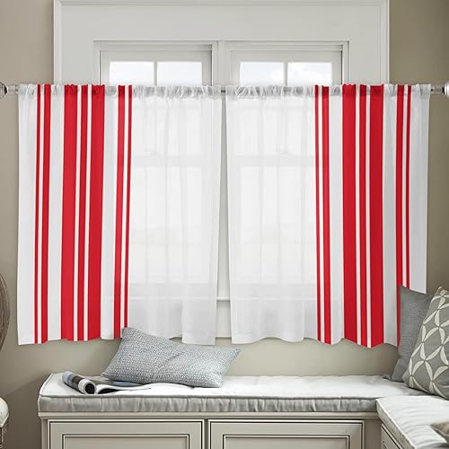 Miniatura 4 de Cortinas traslúcidas a rayas rojas de 45 pulgadas de largo, juego de 2 paneles de arte abstracto a rayas blancas modernas, cortinas
