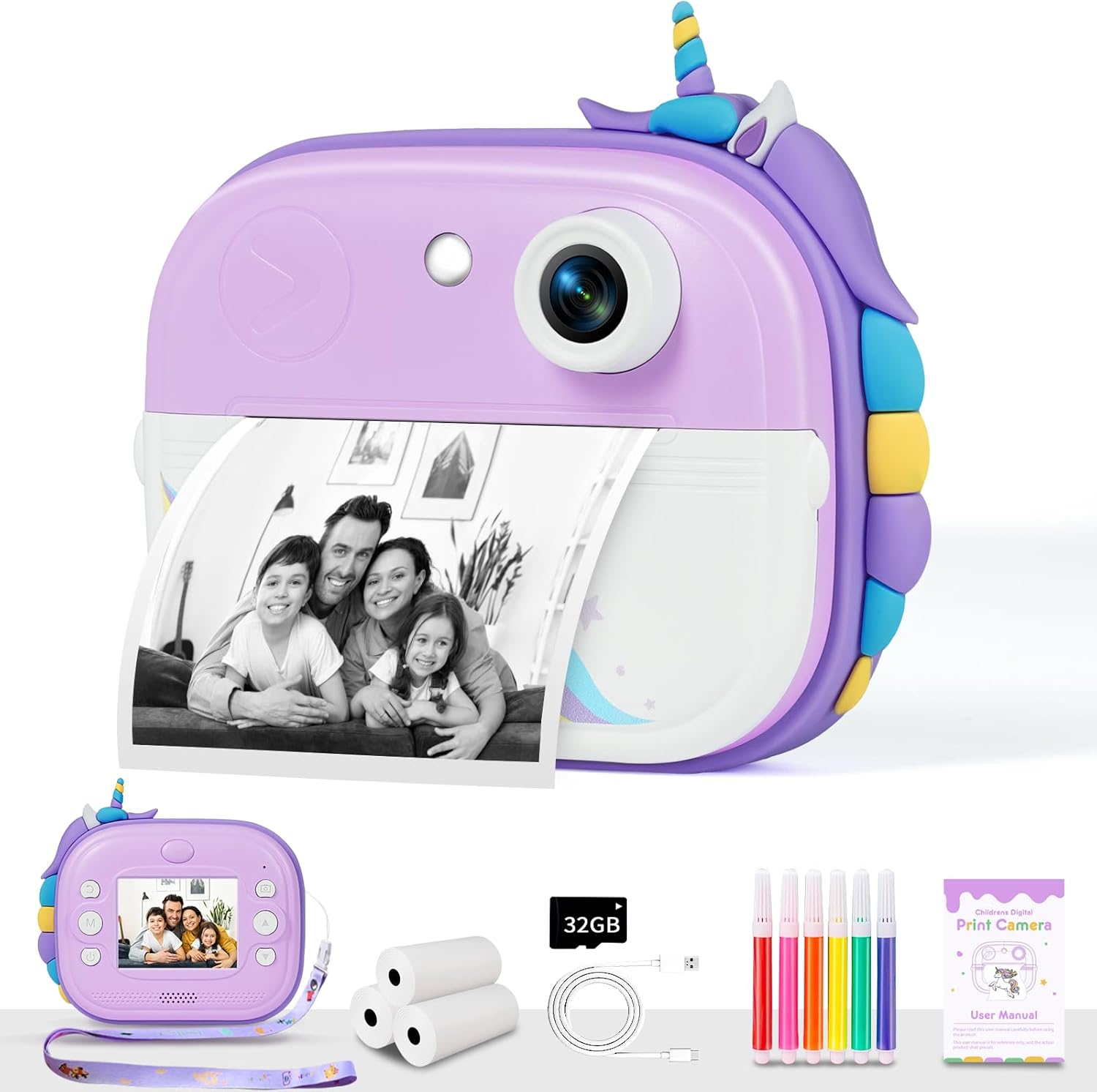 FAYOGOO Kids Camera Instant Print, Christmas Birthday Gifts for Girls Age 3-12, Ideal Toy for 3 4 5 6 7 8 9 10 Years Old Girls Boys, Toddler Camera Toys with 3 Rolls Print Paper & 32GB Card (Purple)