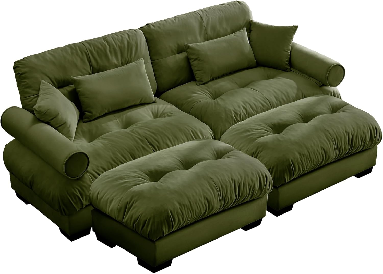 JULYFOX 2 Seats Loveseat Sofa with 2 Ottoman, Velvet Buttton Tufted Sectional Lounge Couch with Ottoman Set Modular Sofa Free Combination 93.7 inch Wide (Green, 2 Seats+U)