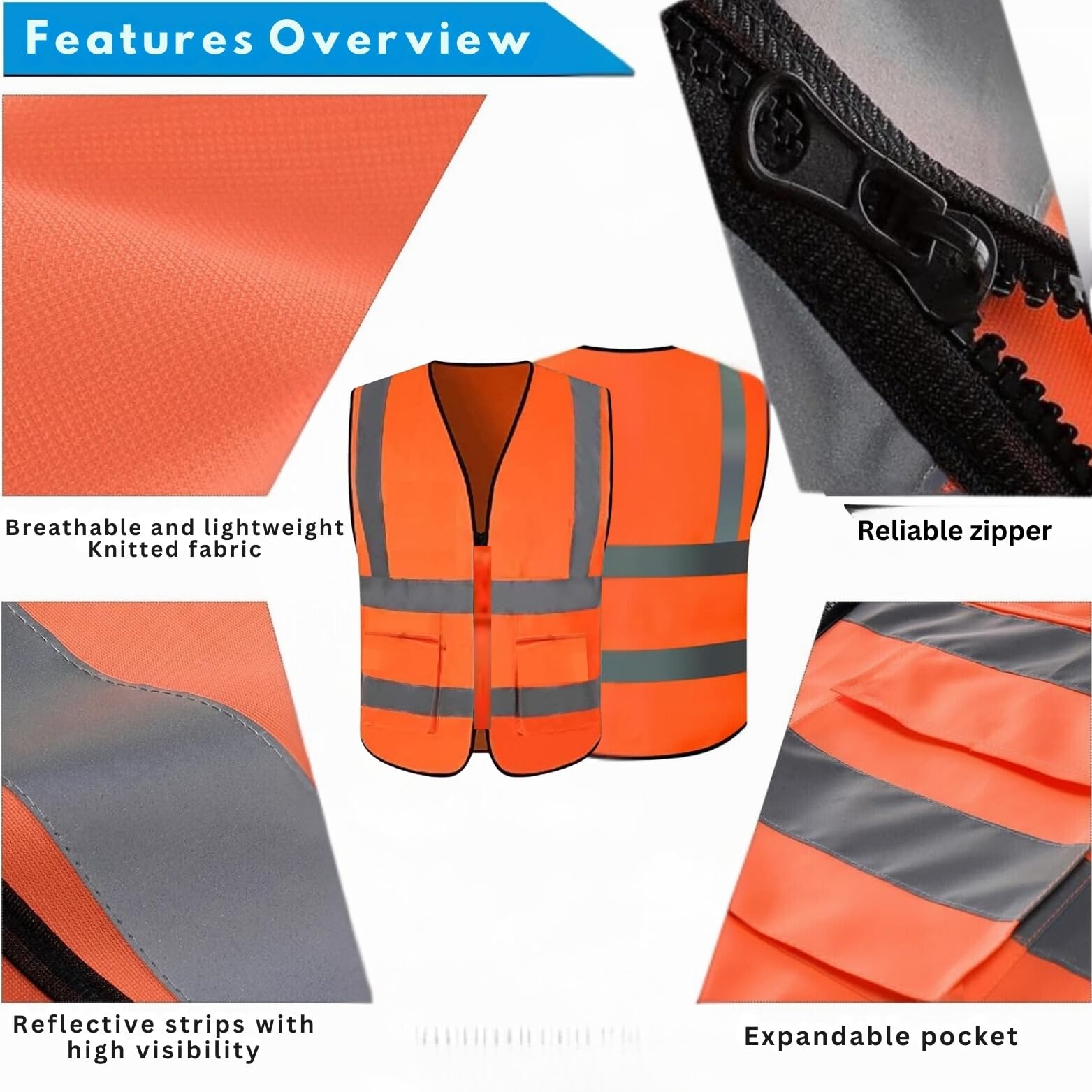 Compact Store 4-Pack Orange Reflective Safety Zipper Jacket with 2 Pockets | High Visibility Polyester Fabric, 120 GSM | Radium Jacket Free Size - Image 3 thumbnail