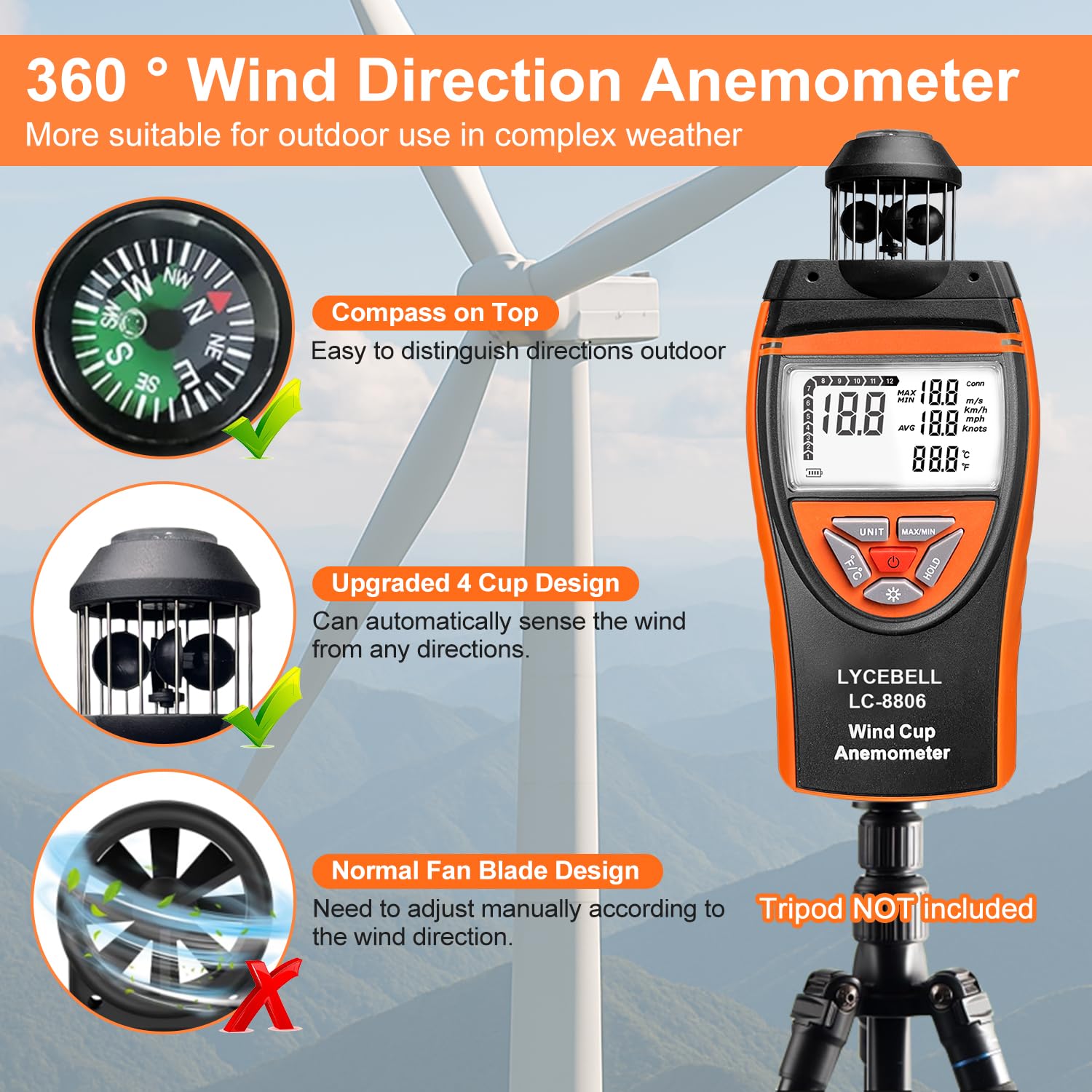 8806 Anémomètre Portable Professionnel – Capteur de Vent 360° 0,7-42 m/s, Mesure Précise de Vitesse Vent et Température | avec Boussole, Rétroéclairage | pour Industriel, Drones, HVAC