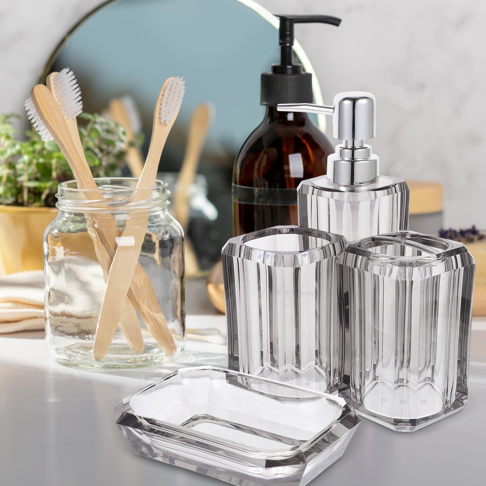 MERRYHAPY 1juego Accesorios de Baño Transparente con Dispensador de Jabón Vaso para Cepillo de Dientes Jabonera y Botella de Loción para Encimera Resistente y Decorativo para Uso Doméstico