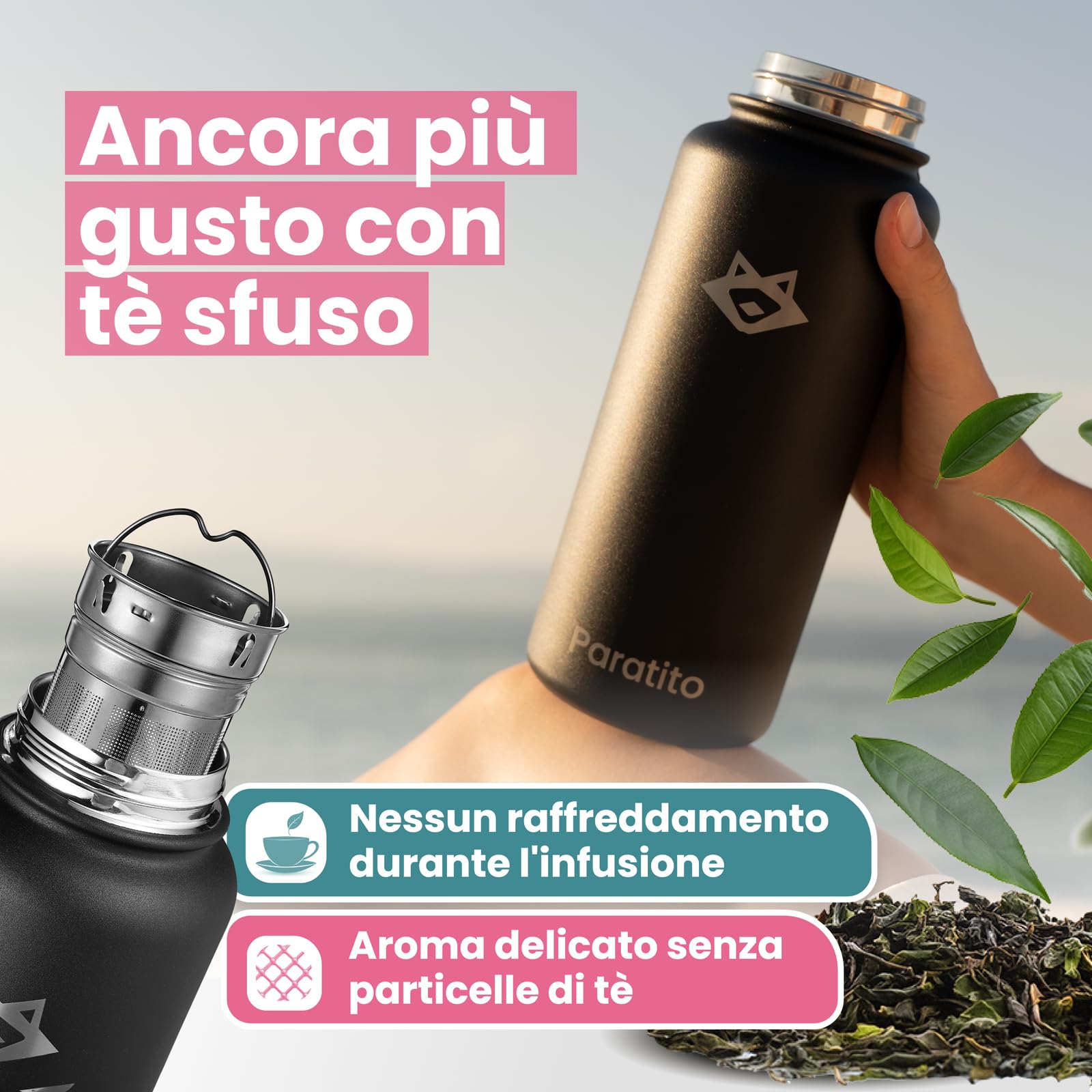 Bottiglia termica 1 litro in acciaio inox con colino per tè, ideale come termos caffè e teiera con infusore e Borraccia Termica per Tè da Viaggio - sfuse infusore tè - filtri per tisane