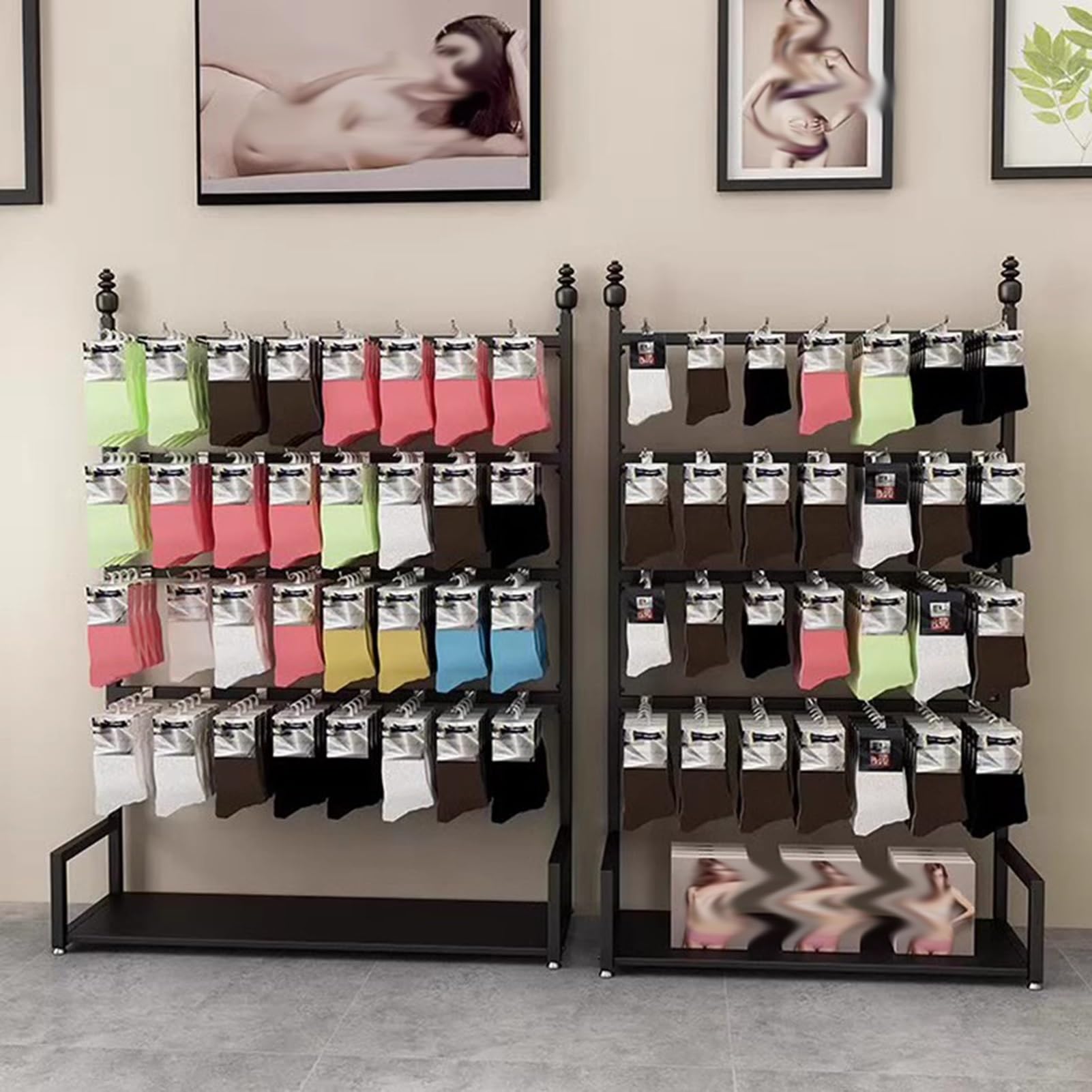 Espositore per scarpe con ganci Ripiani in metallo autoportanti per negozi di abbigliamento Versatile Sock Retail Showroom Fixture per un merchandising efficace