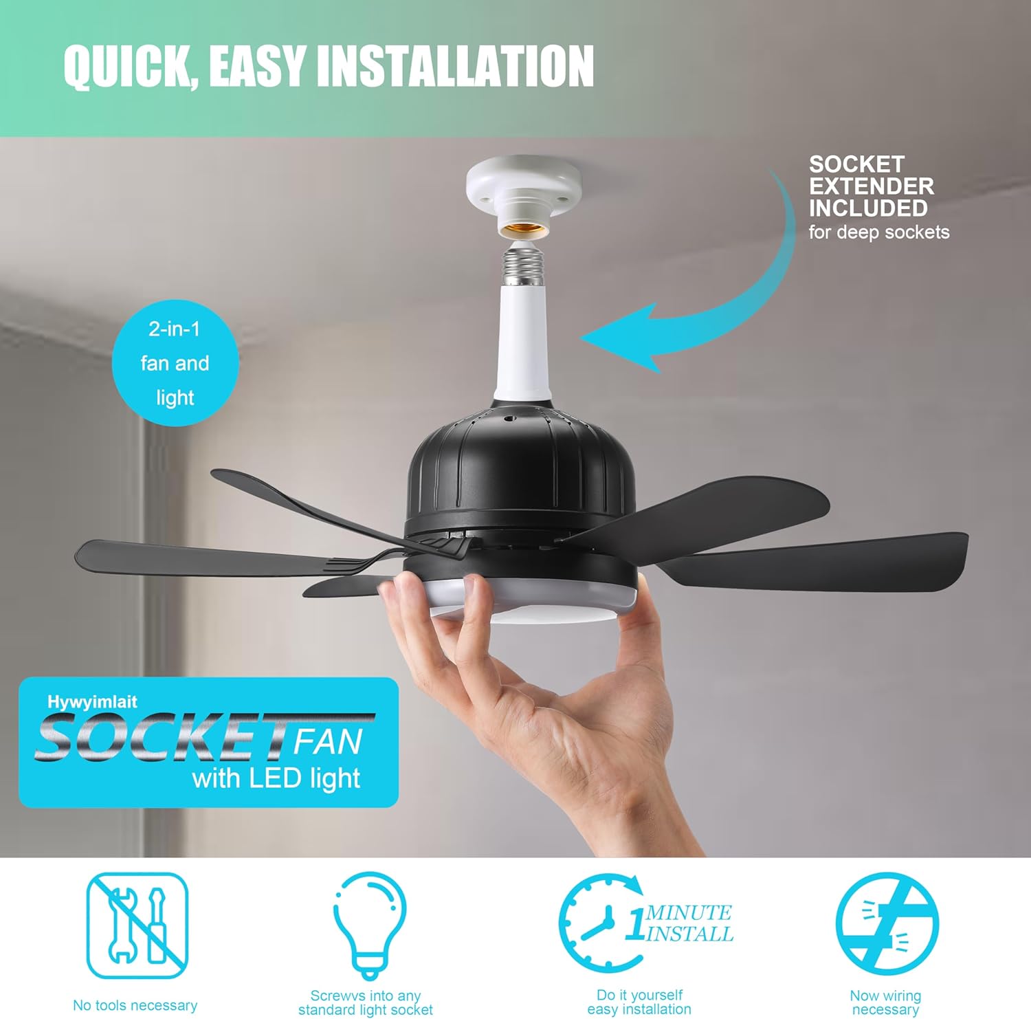 Socket Fan Light with Remote, Portable Ceiling Fans with Lights for Bedroom, Kitchen, Living Room, 3 Color Stepless Dimming, Screws into E27, Black (Six Blade) - Image 2