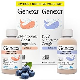 Genexa Kids\' Clean Day & Night Cough Medicine, Dye Free, 0% Artificial Additives, Children\'s Cough, Chest Congestion, Runny Nose & Sneezing Relief, Ages 6+, Organic Blueberry Flavor, 8 fl oz (2 Pack)