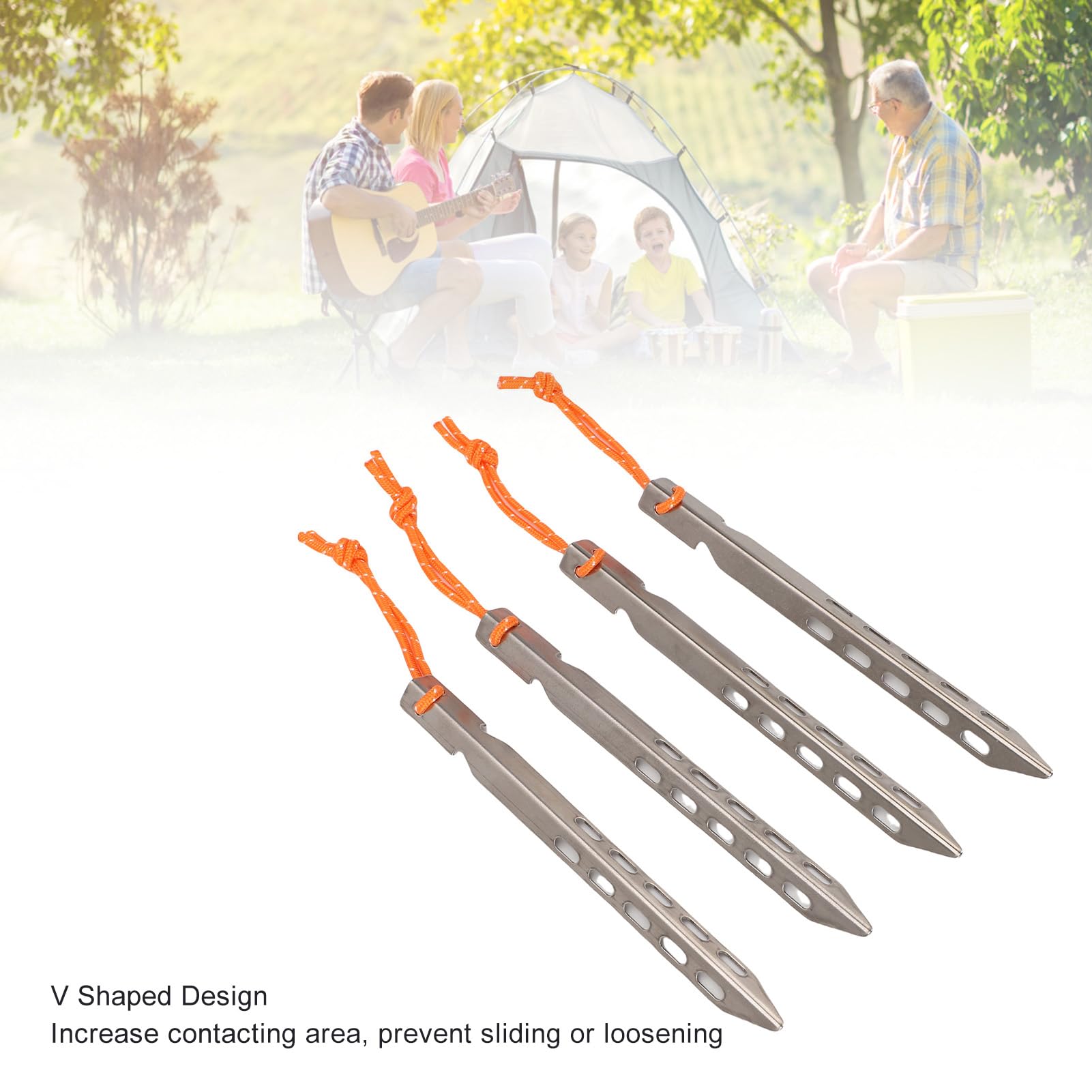 4 estacas para Tienda de campaña con Cuerda de aleación de Ti en Forma de V para Acampar al Aire, Playa, césped, Color Plateado, Ligero, Resistente al óxido, Alta Resistencia a