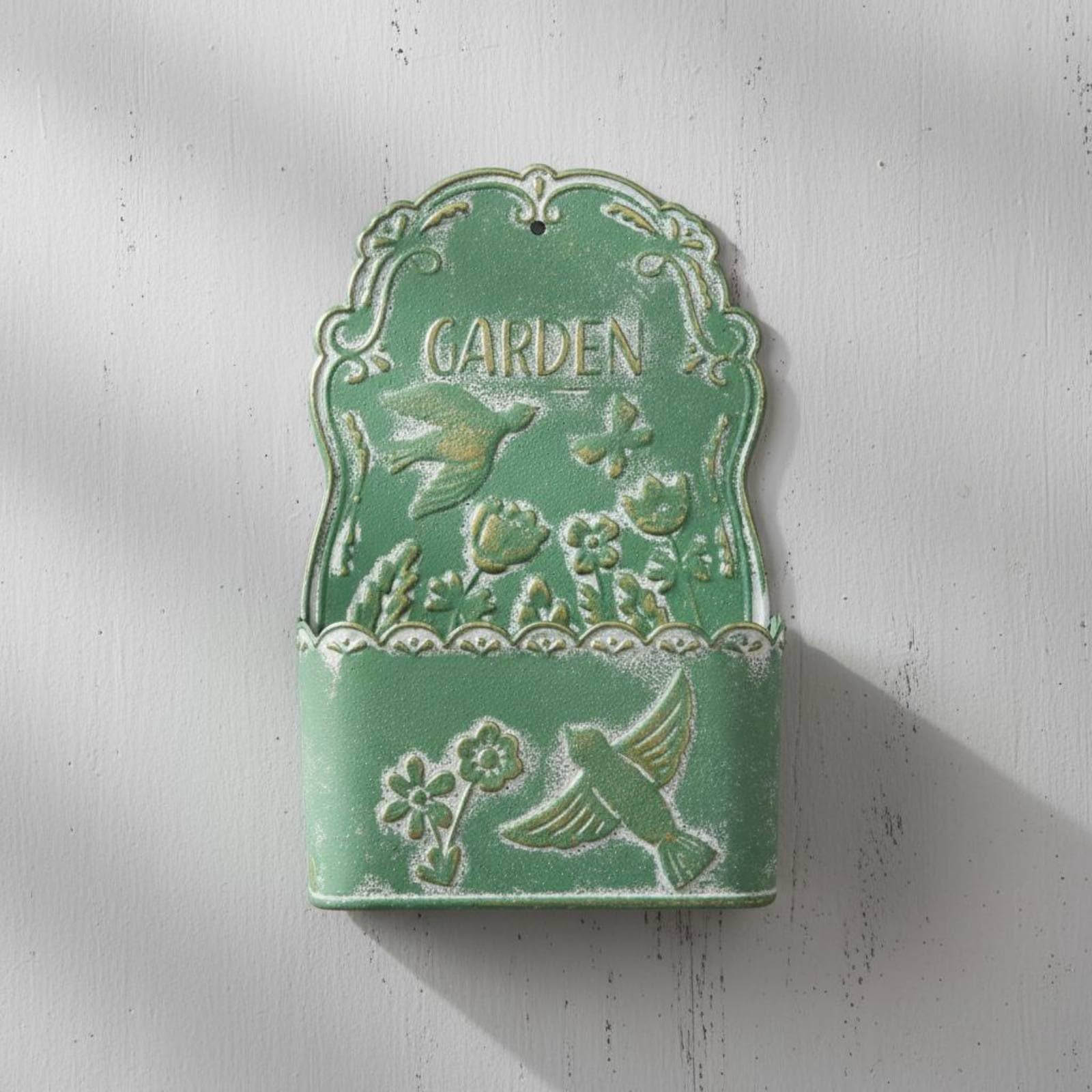 Jardinière Murale Pot Suspendu Support Suspendu Pot Support Plante en Métal Enduit avec Motifs Oiseaux Fleurs en Relief pour Compositions Traînantes, Vert