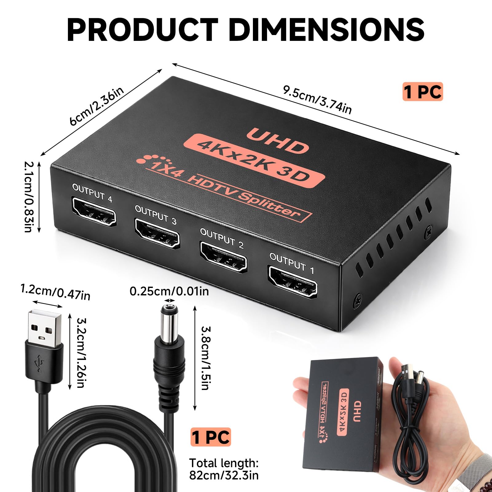 HDMI Splitter 1 in 4 out, HDMI Switch 4K 3D 1080P Splitter HDMI Divisor 1 Entrada 4 Salidas Duplicar Espejo per 4 Monitor Compatible con PS4 PS3 BLU-Ray HDTV DVD DVR Xbox Monitor Proyector — view 2