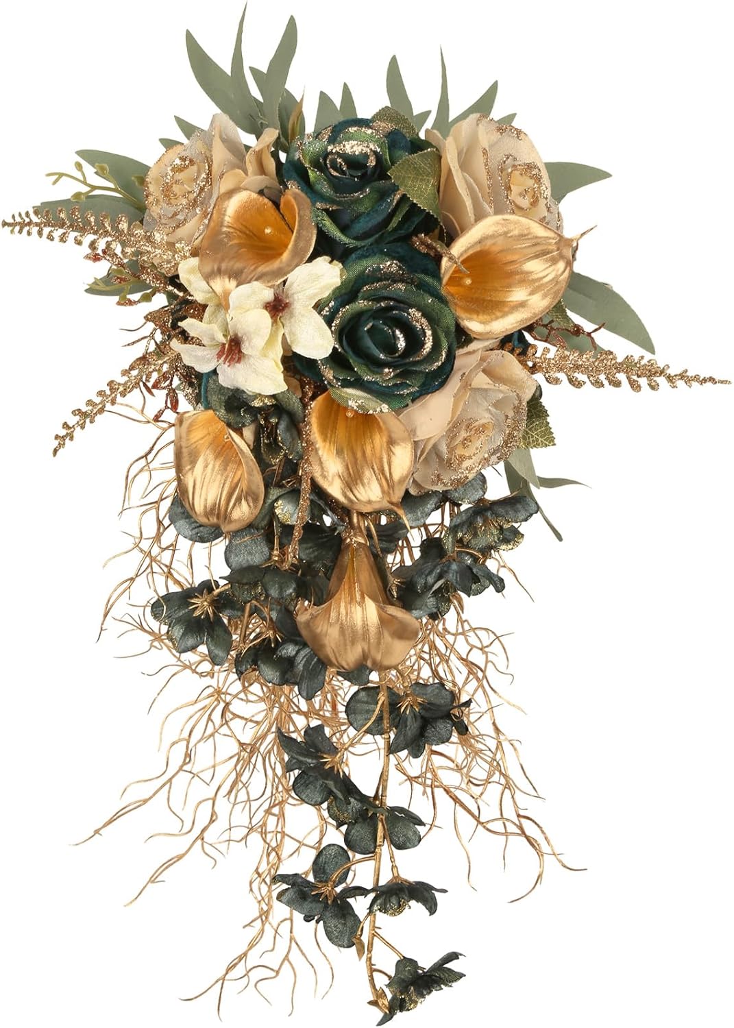 UUXX Blue Glitter Wedding Bouquets for Bride 19.67in Silk Artificial Flowers for Bridal Bouquet with Calla Lily, Fake Roses, Delphinium for Wedding Engagement Anniversary Ceremony Home Decor